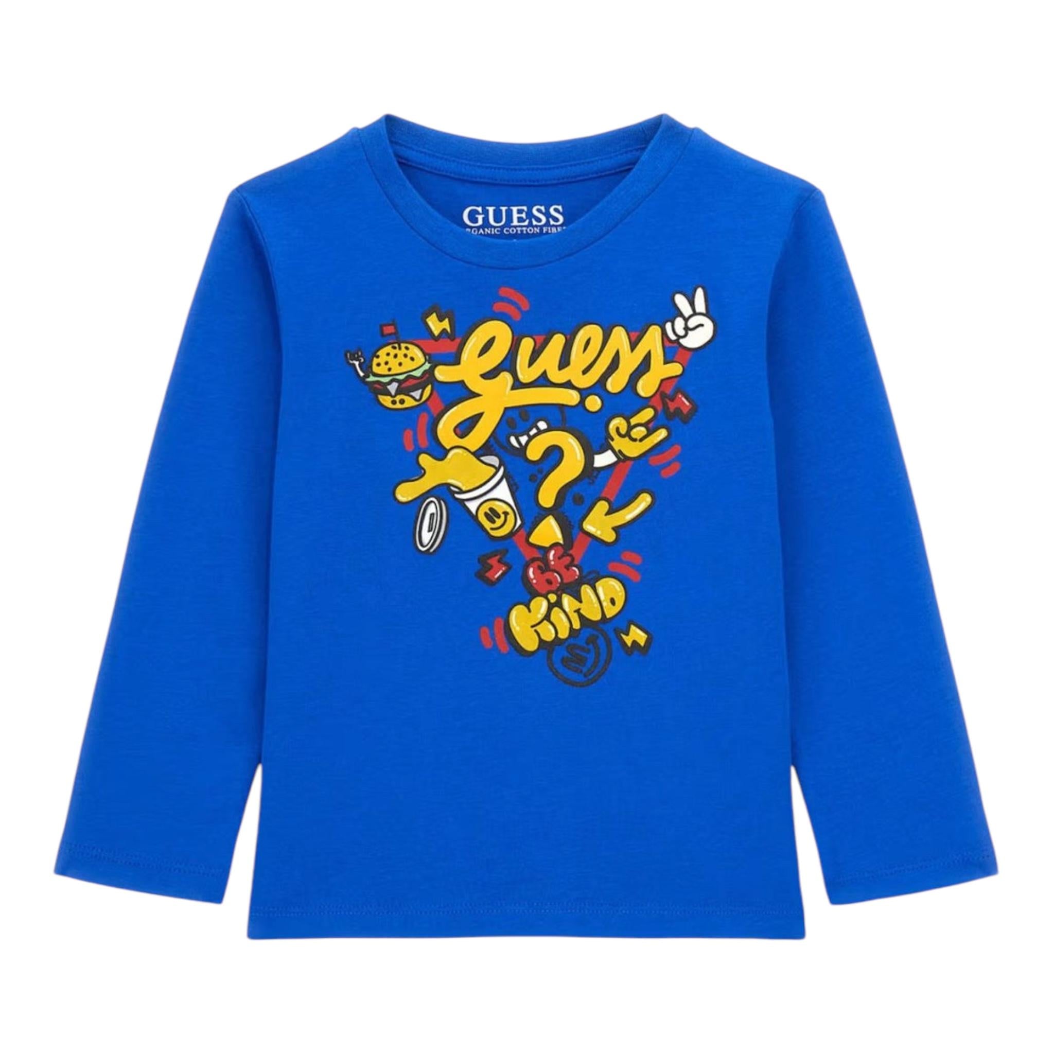GUESS shirt girocollo tinta unita con stampa Cobalto per Bambino N4YI13K8HM4 COBALTO GUESS
