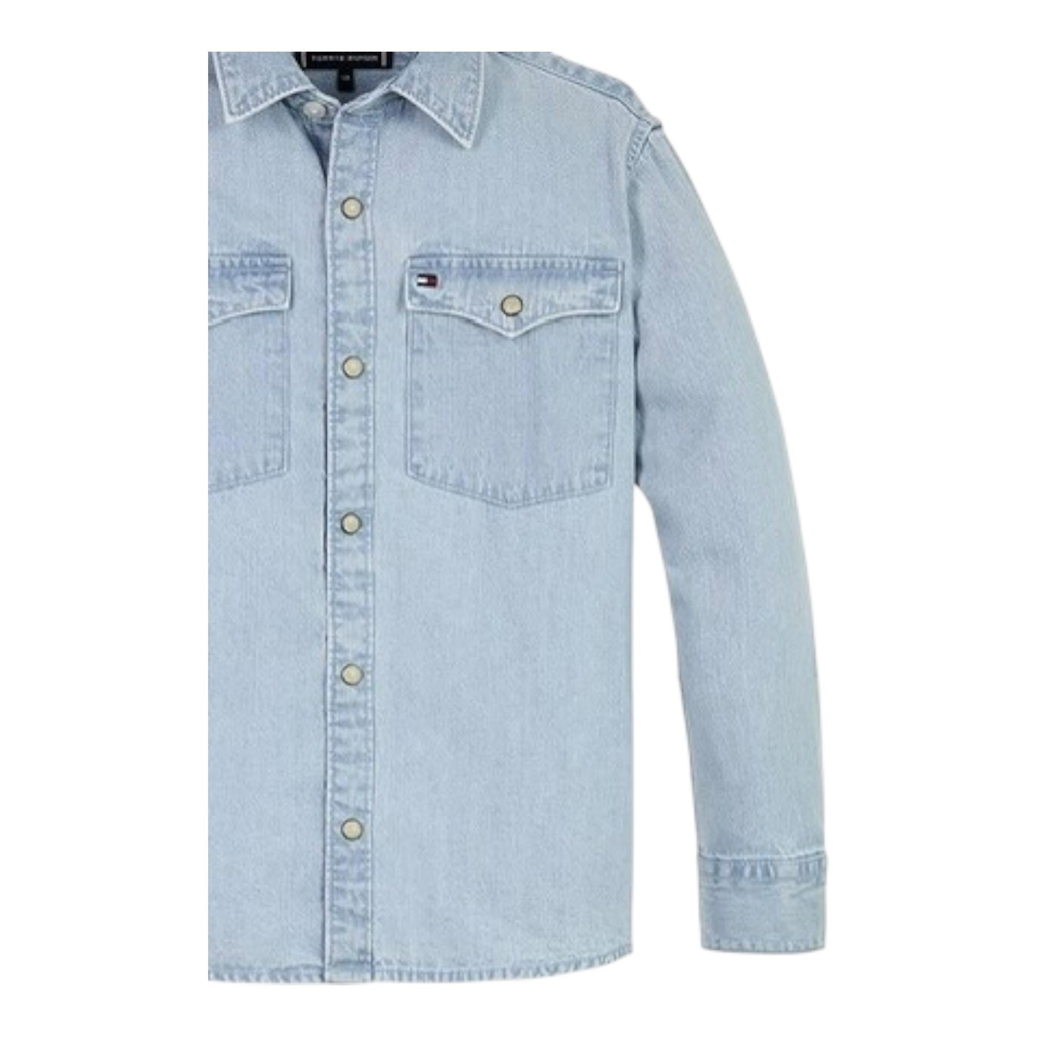TOMMY HILFIGER camicia in denim tinta unita con tasconi Azzurro per Bambino KB0KB09080 AZZURRO TOMMY HILFIGER