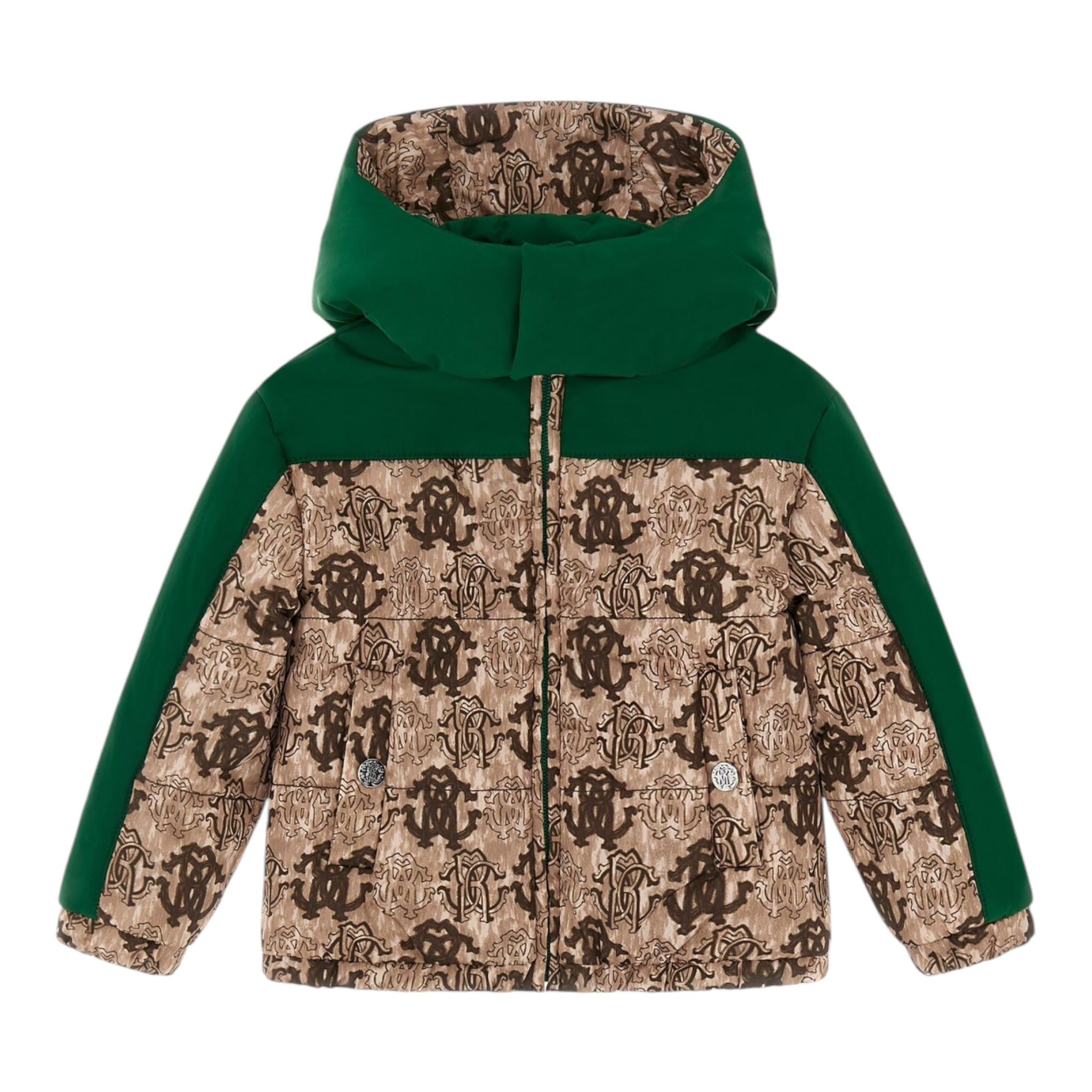 ROBERTO CAVALLI giubbino bicolore con cappuccio e stampe Beige/verde per Neonato TJT420 BEIGE/VERDE ROBERTO CAVALLI