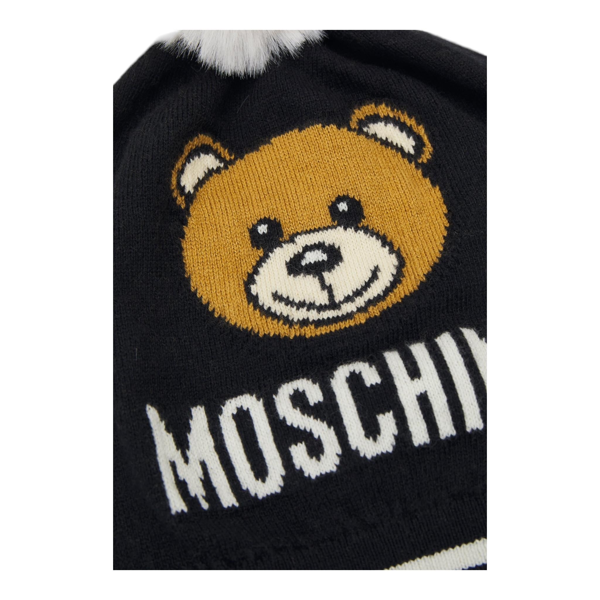 MOSCHINO cappello tinta unita con orso e pon pon Nero per Bambino HUX02KL NERO MOSCHINO