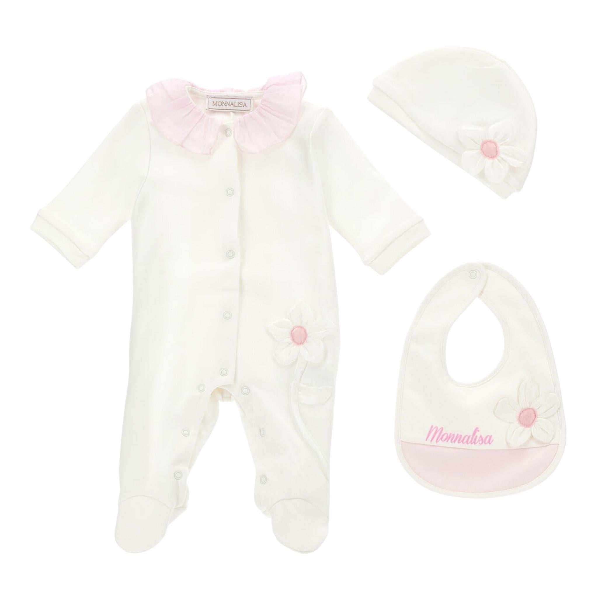 MONNALISA set tutina tinta unita con stampa-cappello-bavetta Bianco per Neonata 35D505 BIANCO MONNALISA