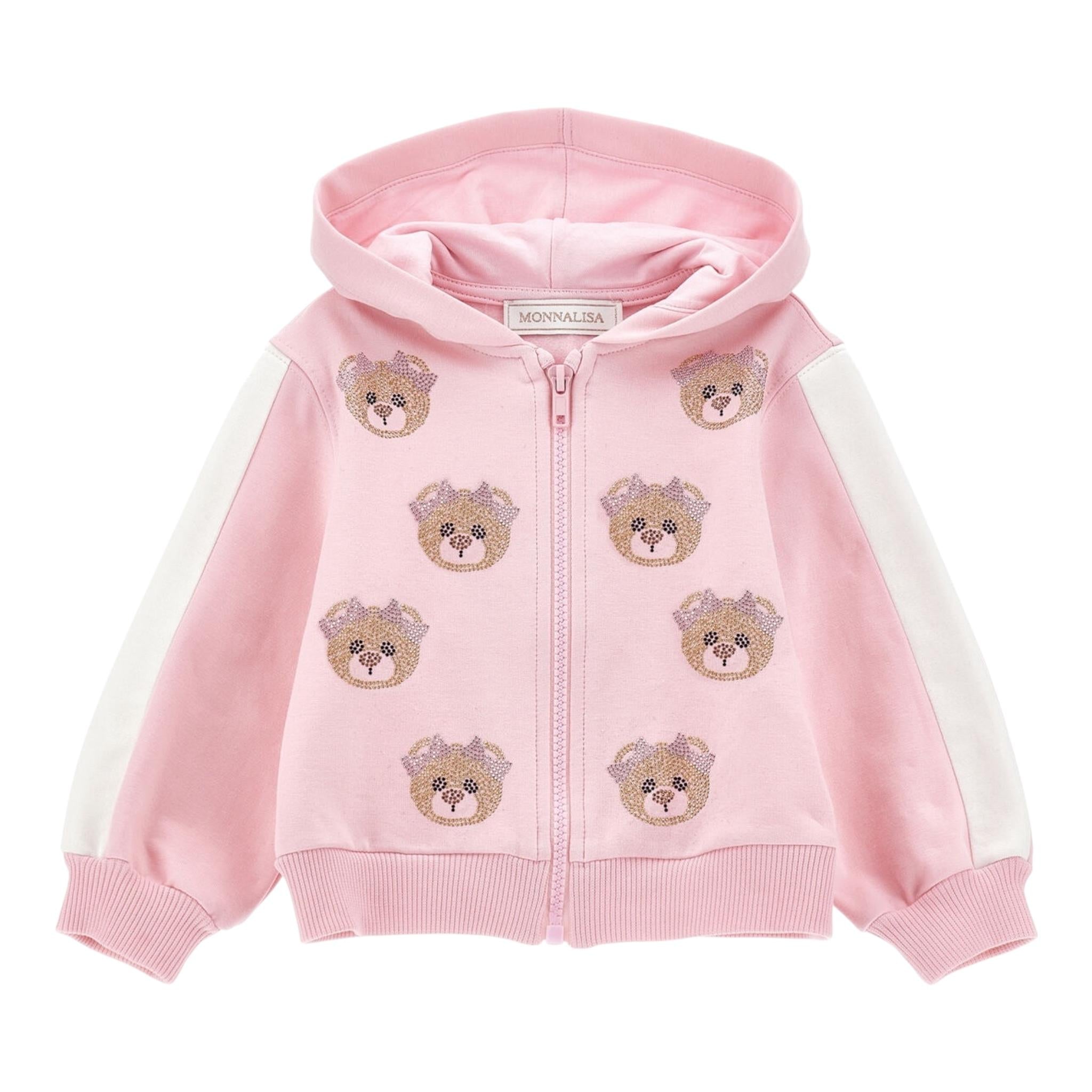 MONNALISA felpa con zip e cappuccio tinta unita con orsi brillantinati Rosa per Neonata 39D802 ROSA MONNALISA