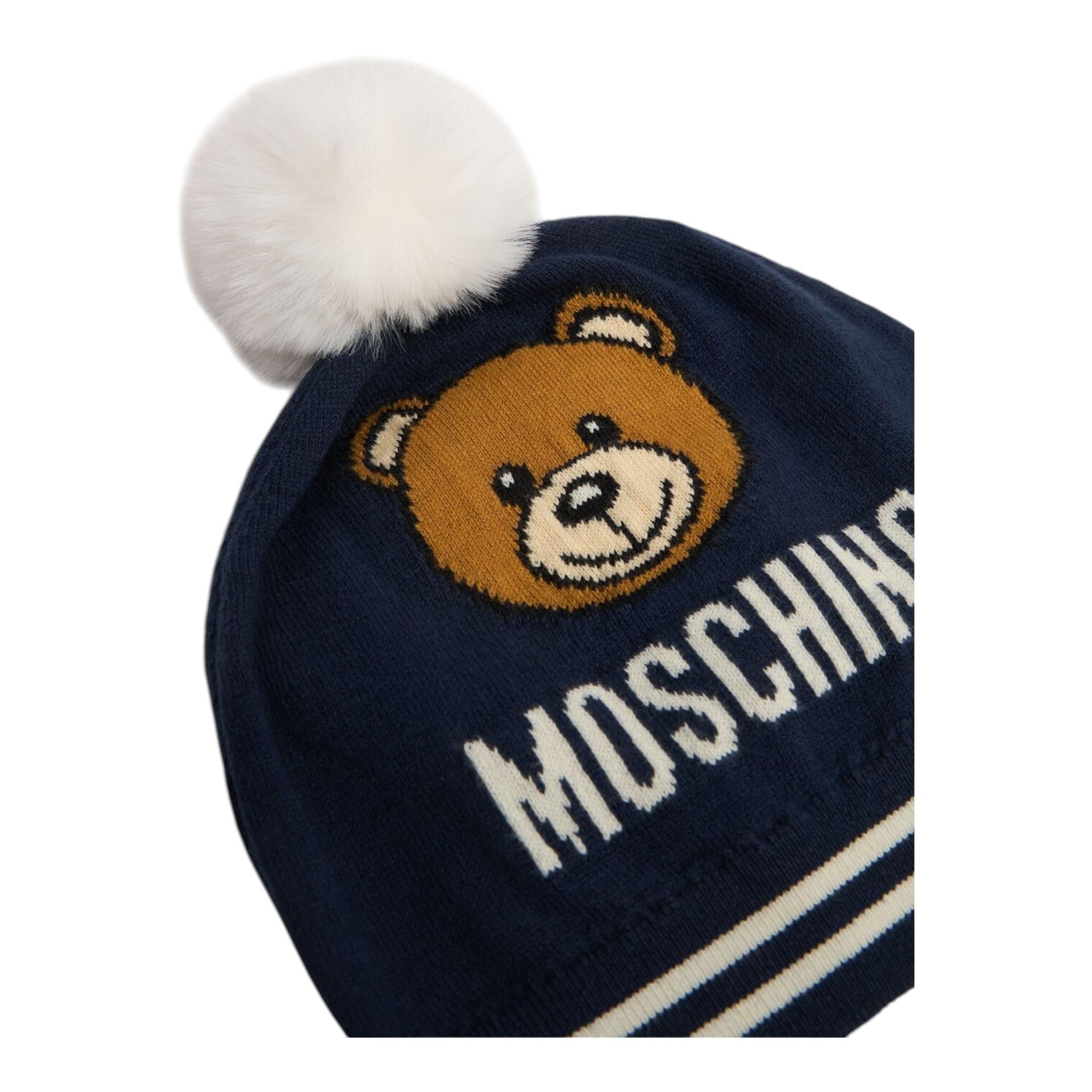 MOSCHINO cappello tinta unita con orso e pon pon Blu per Bambino HUX02KL BLU MOSCHINO