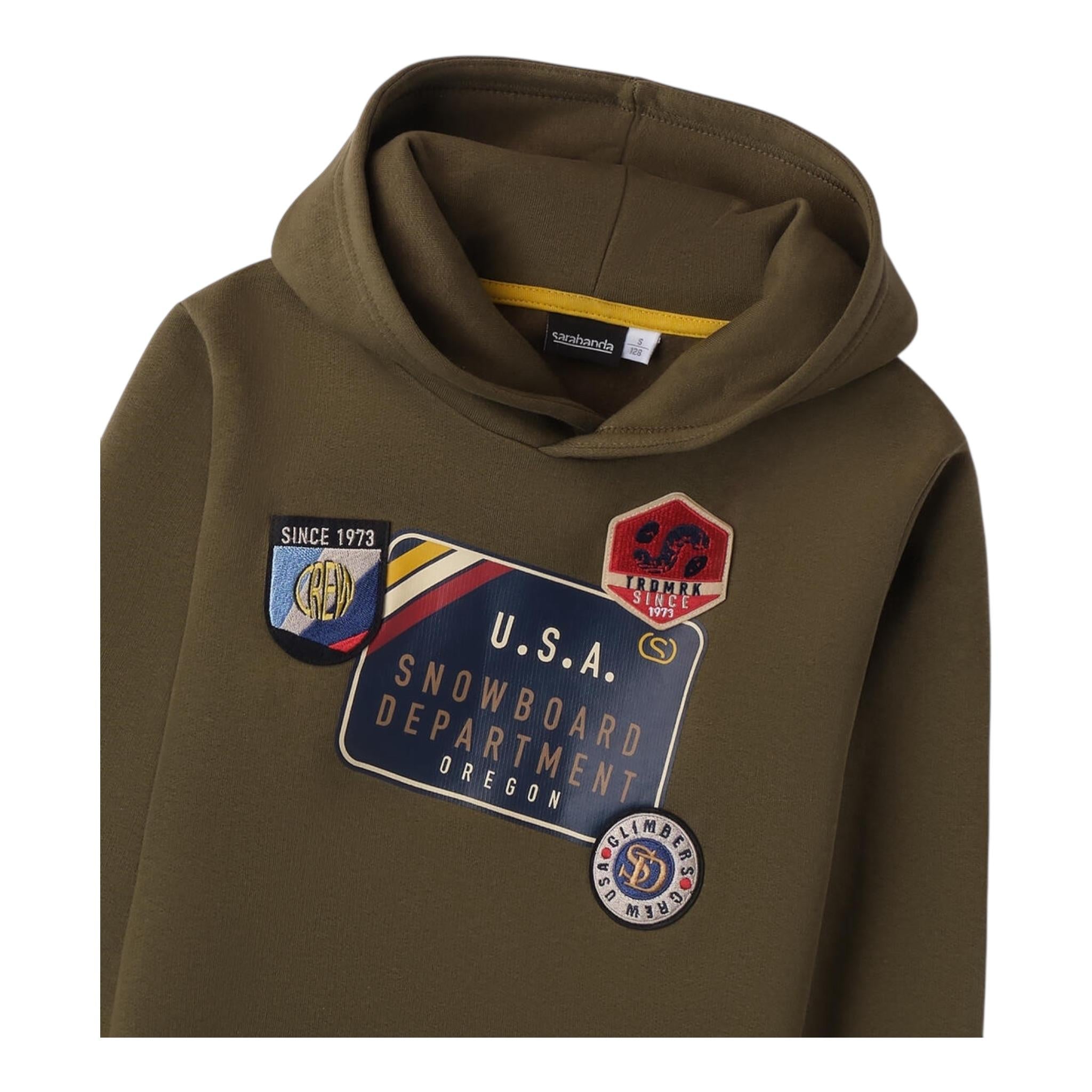 SARABANDA felpa chiusa con cappuccio tinta unita con stamap in contrasto Verde per Bambino 0A524 VERDE SARABANDA