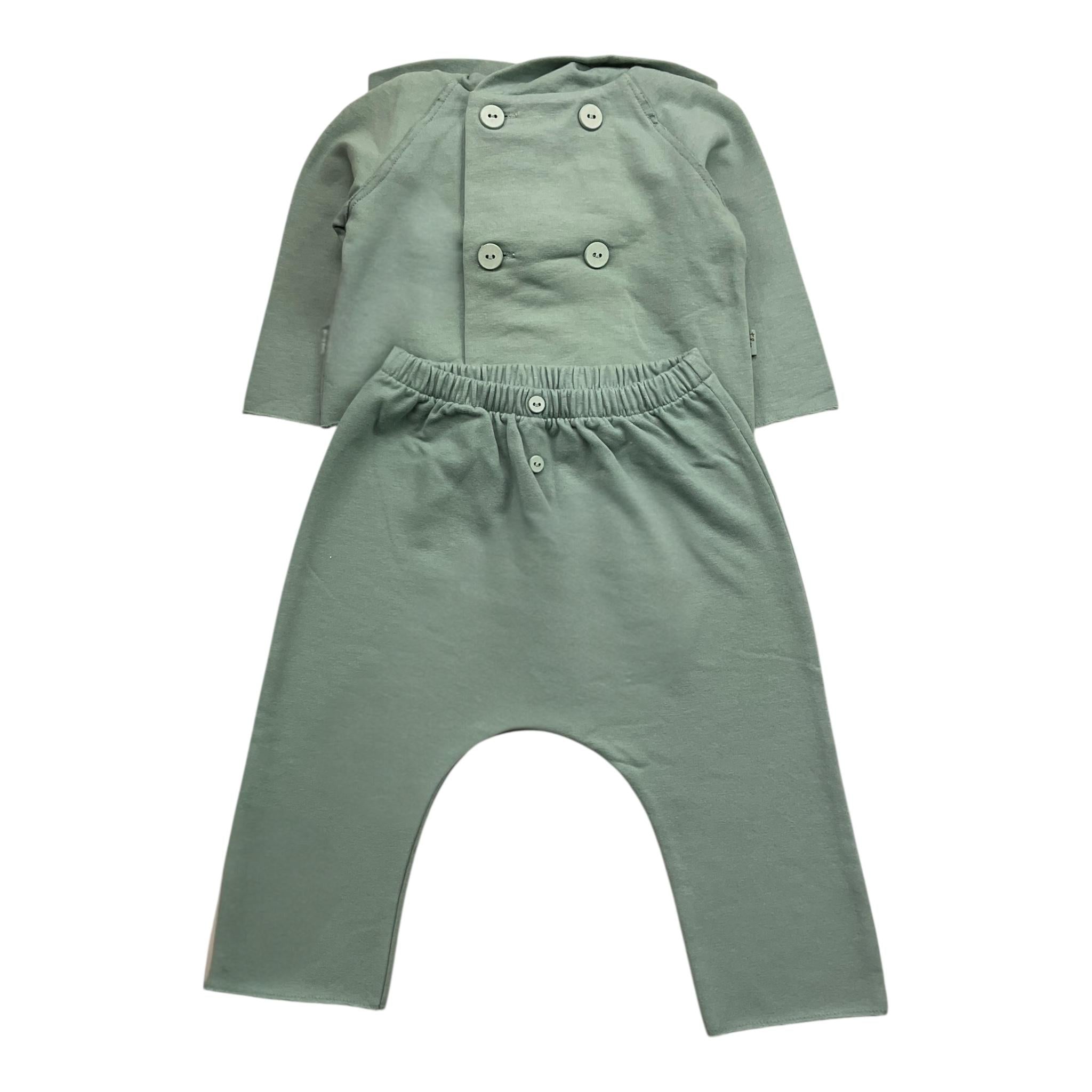 TEDDY E MINOU Completo 2pz feelpa tinta unita con bottoni e cappuccio-pantalone Verde per Neonato I24CP033M7015 VERDE TEDDY E MINOU