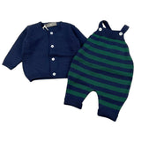 Little Bear Completo Cardigan Tinta Unita-Salopettes Fantasia A Righe