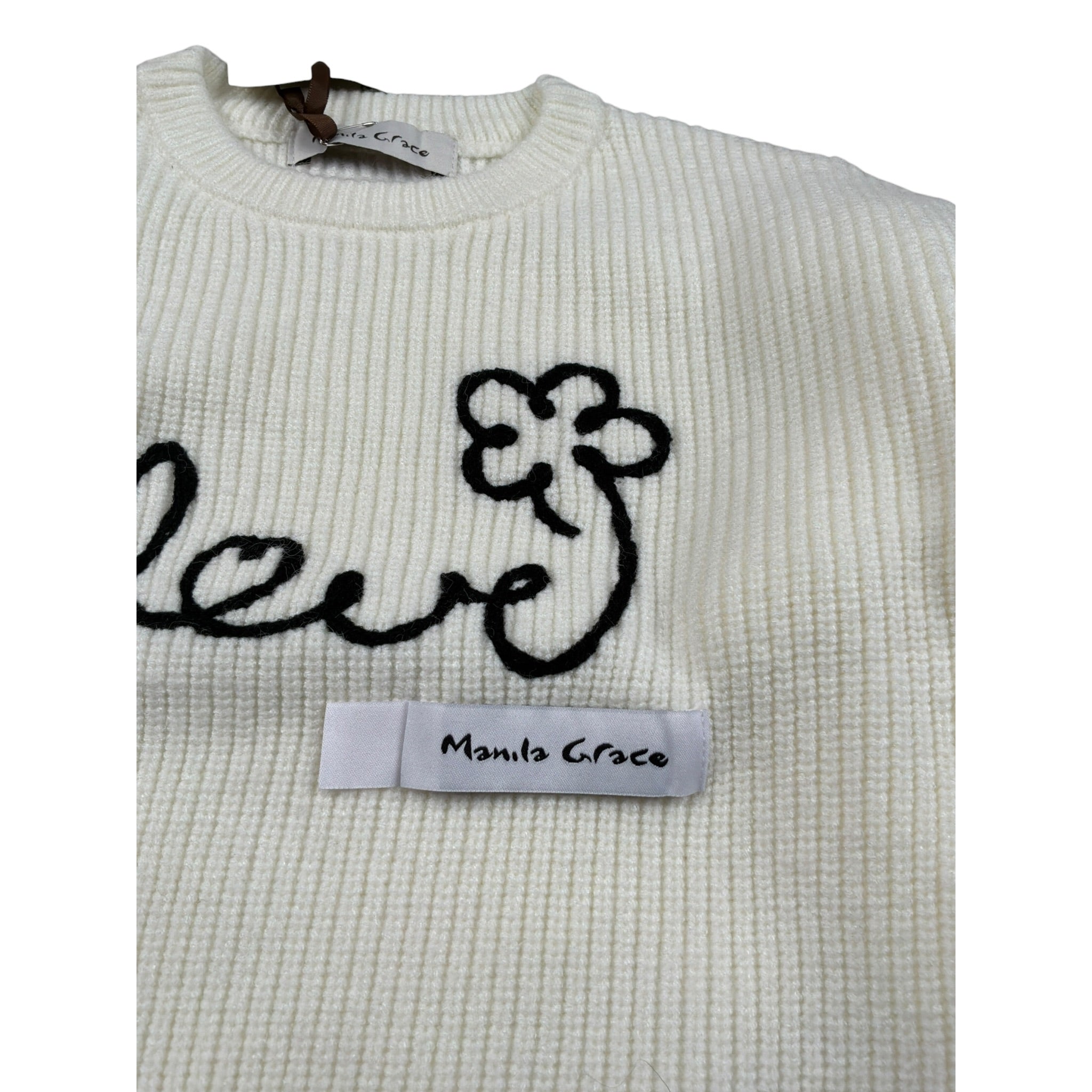 Manila Grace Maglia Girocollo tinta unita con Ricami Panna per Bambina MB3039W25 PANNA MANILA GRACE 