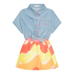 Billieblush Abito Tinta Unita con Gonnellone Multicolor E Denim Giromanica per Bambina U21023 AZZURRO BillIEBLUSH 