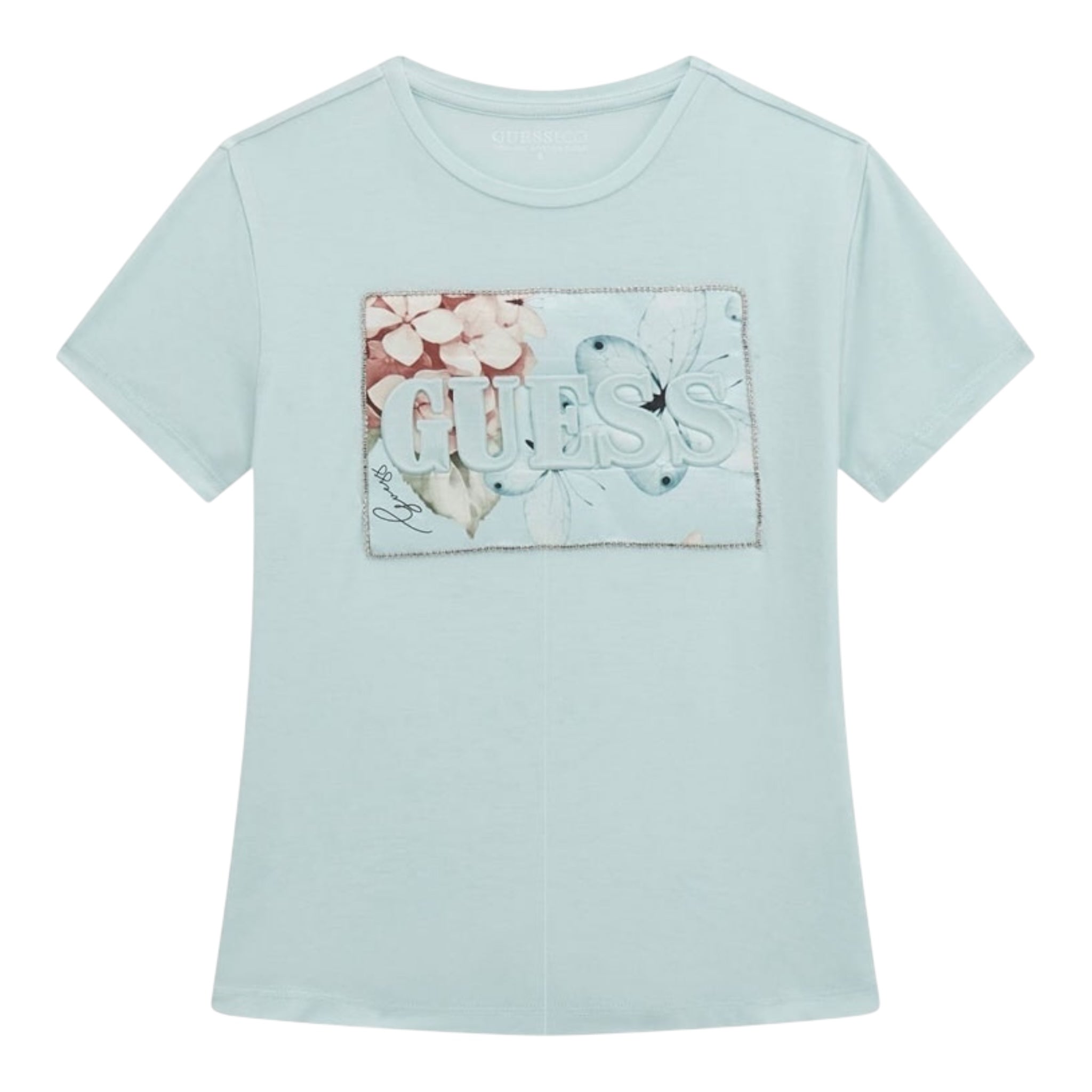 Guess T-Shirt Girocollo Tinta Unita con Applicazione per Bambina J5RI25KCRI2 AZZURRO GUESS 