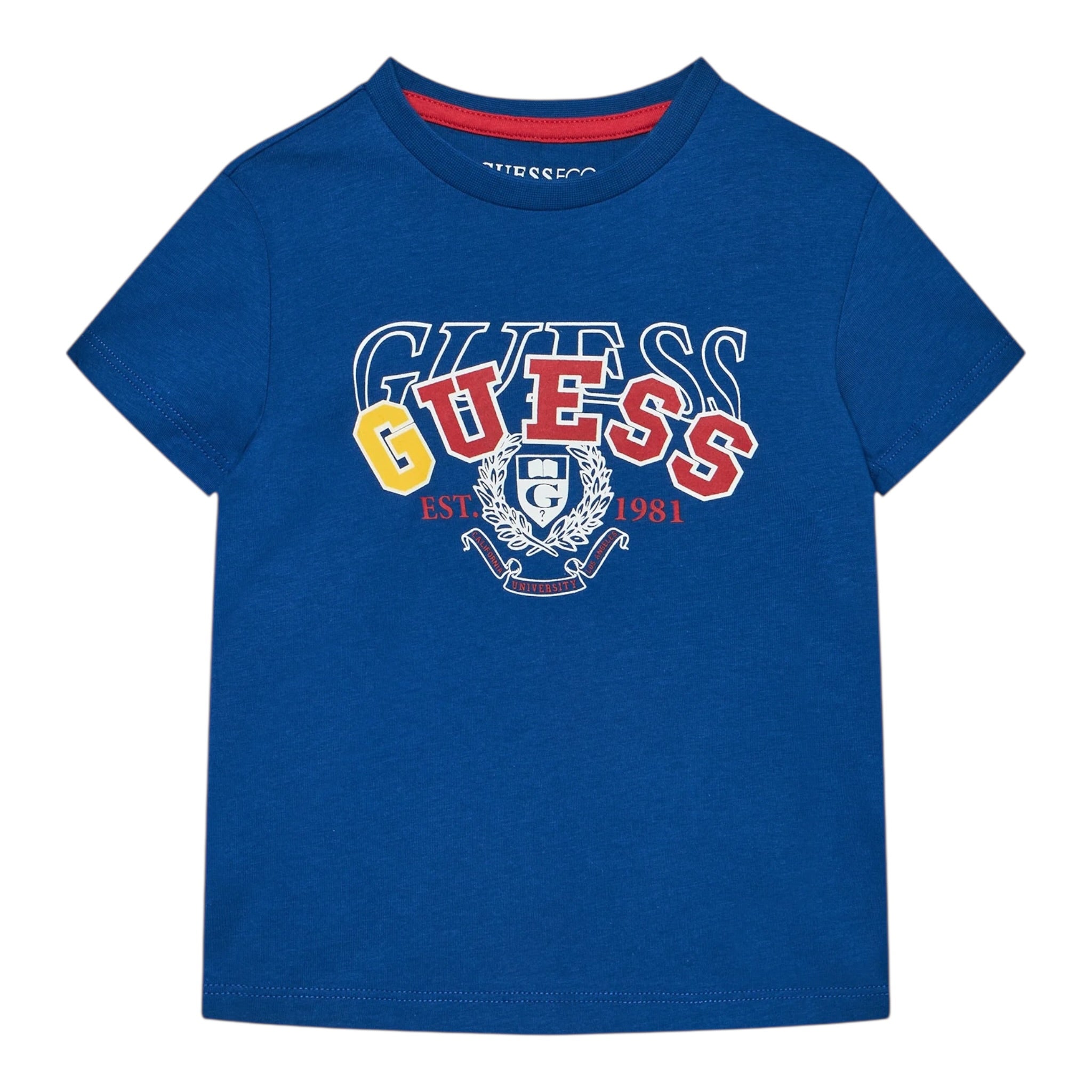 Guess T-Shirt Girocollo Tinta Unita con Stampa per Bambino N5RI00K8HM4JX BLU GUESS 