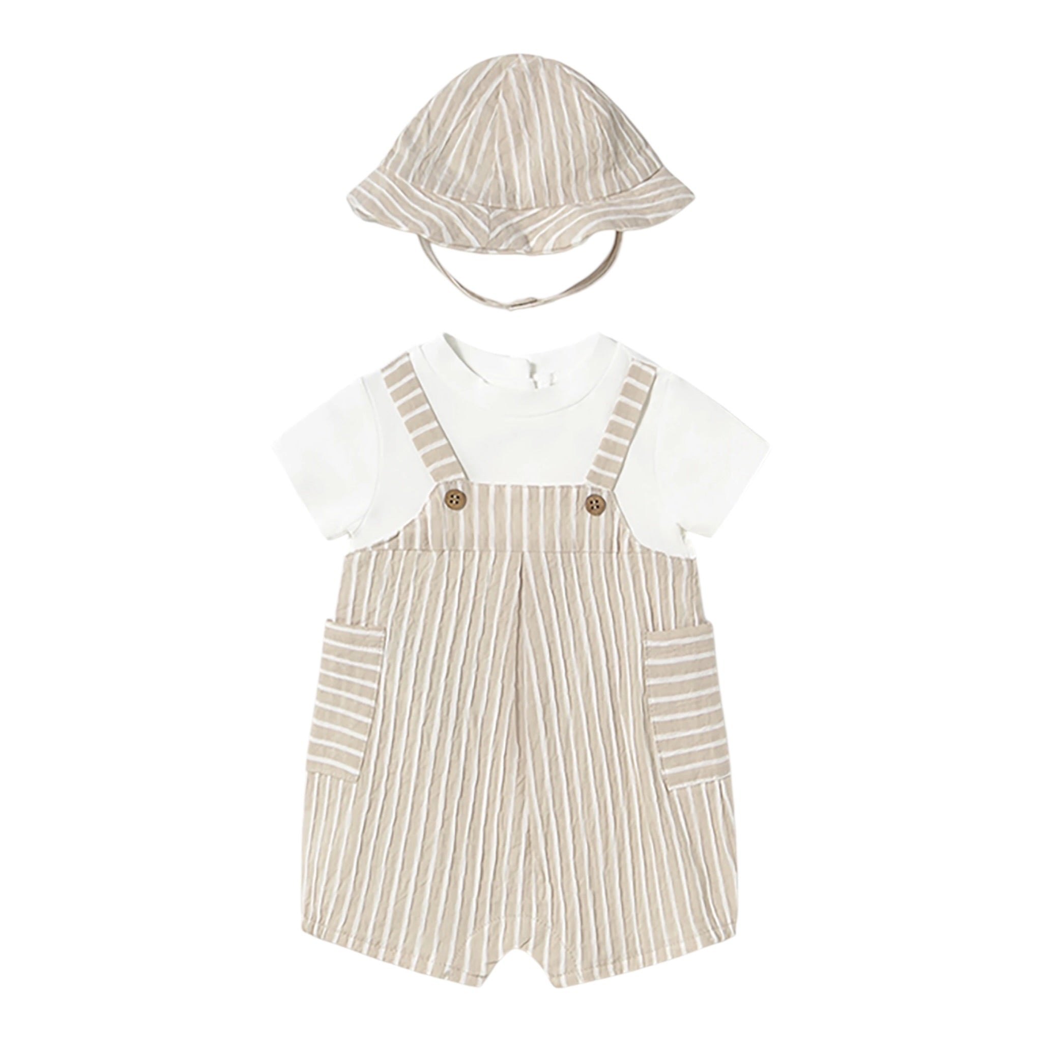 Mayoral Set Pagliaccetto Bicolore con Fantasia A Righe-Cappello per Neonato 1602X BIANCO/BEIGE MAYORAL 