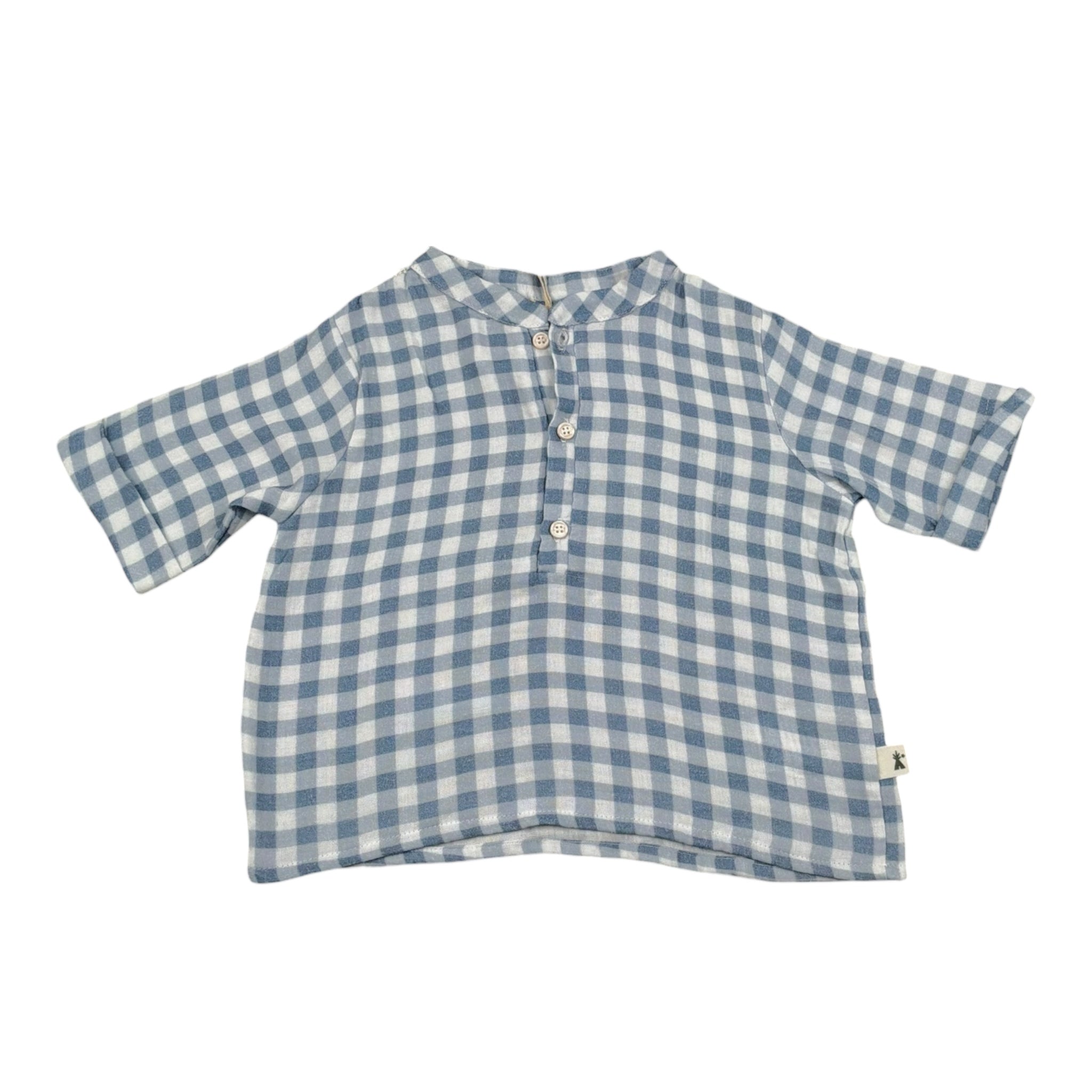Petit Indi Camicia Tinta Unita con Fantasia A Quadri per Neonato SS25BK7133X BLU PETIT INDI 