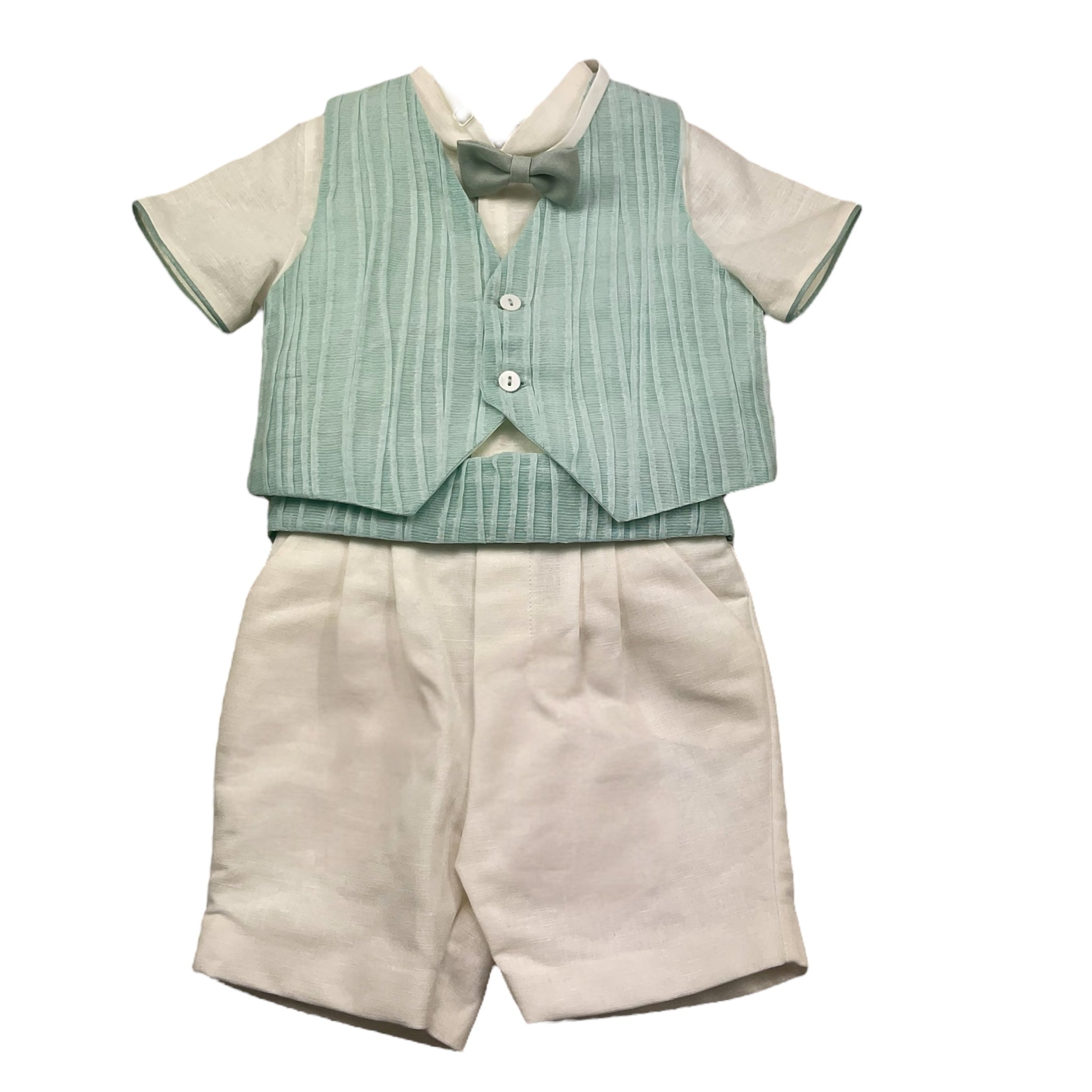Pontoporponto Completo 4 Pezzi Camicia-Bermuda-Gilet-Papillon per Neonato 6120 BIANCO/VERDE ACQUA PONTOPORPONTO 