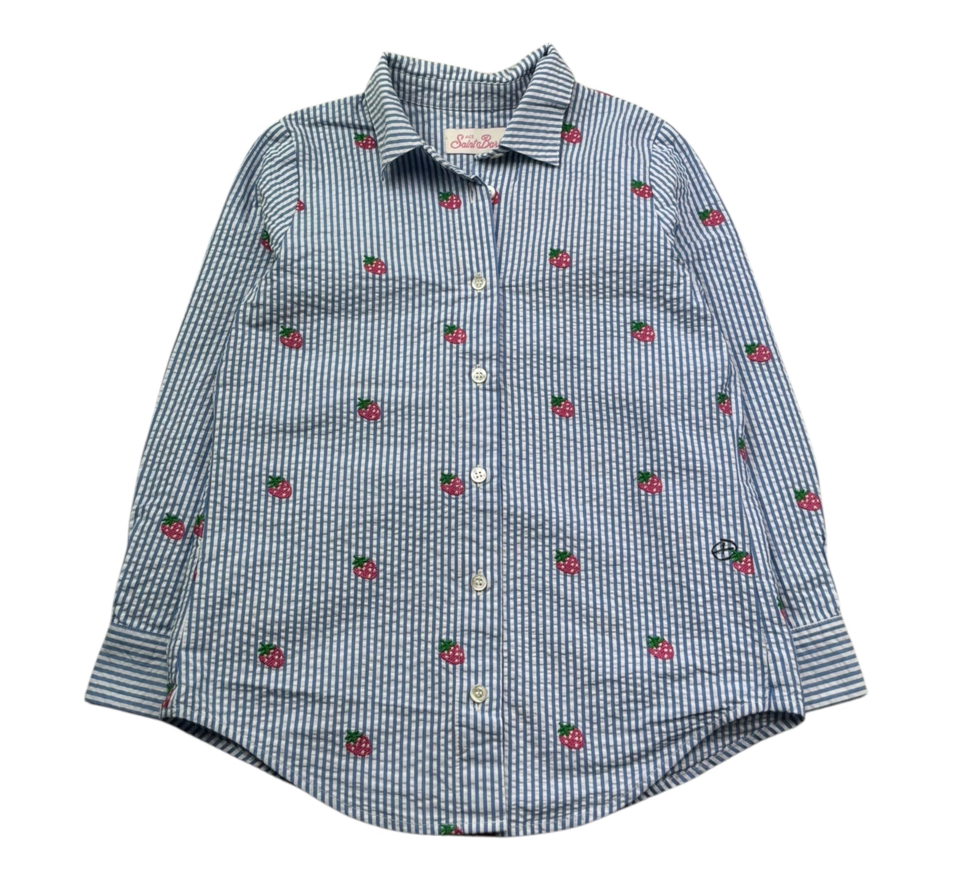 Saint Barth Camicia Manica Lunga Fantasia A Irghe E Ricami Fragole per Bambina MINIBRIGITTE BLU SAINT BARTH 