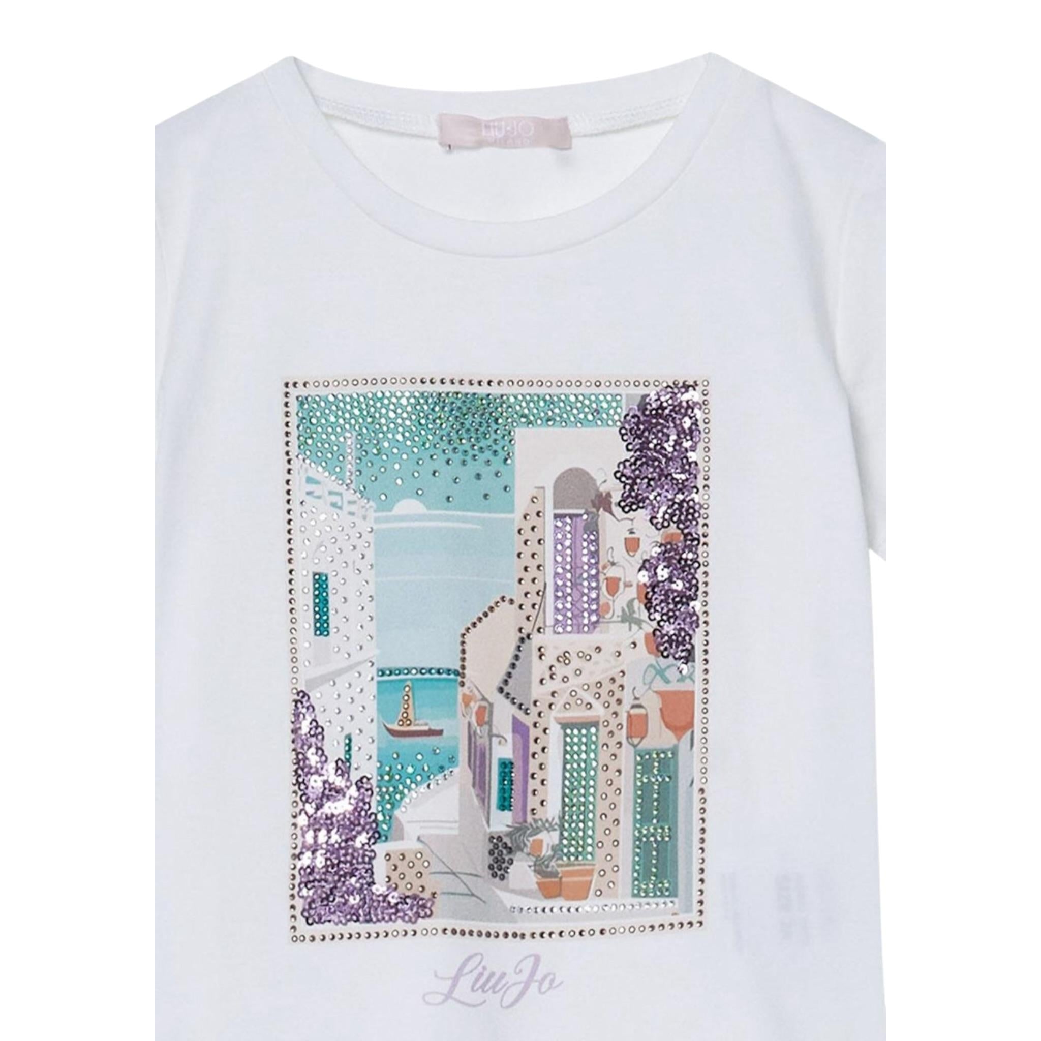 Liu Jo T-Shirt Girocollo tinta unita con Stampa E Brillantini Bianco per Bambina KA5093XXX BIANCO LIU JO 