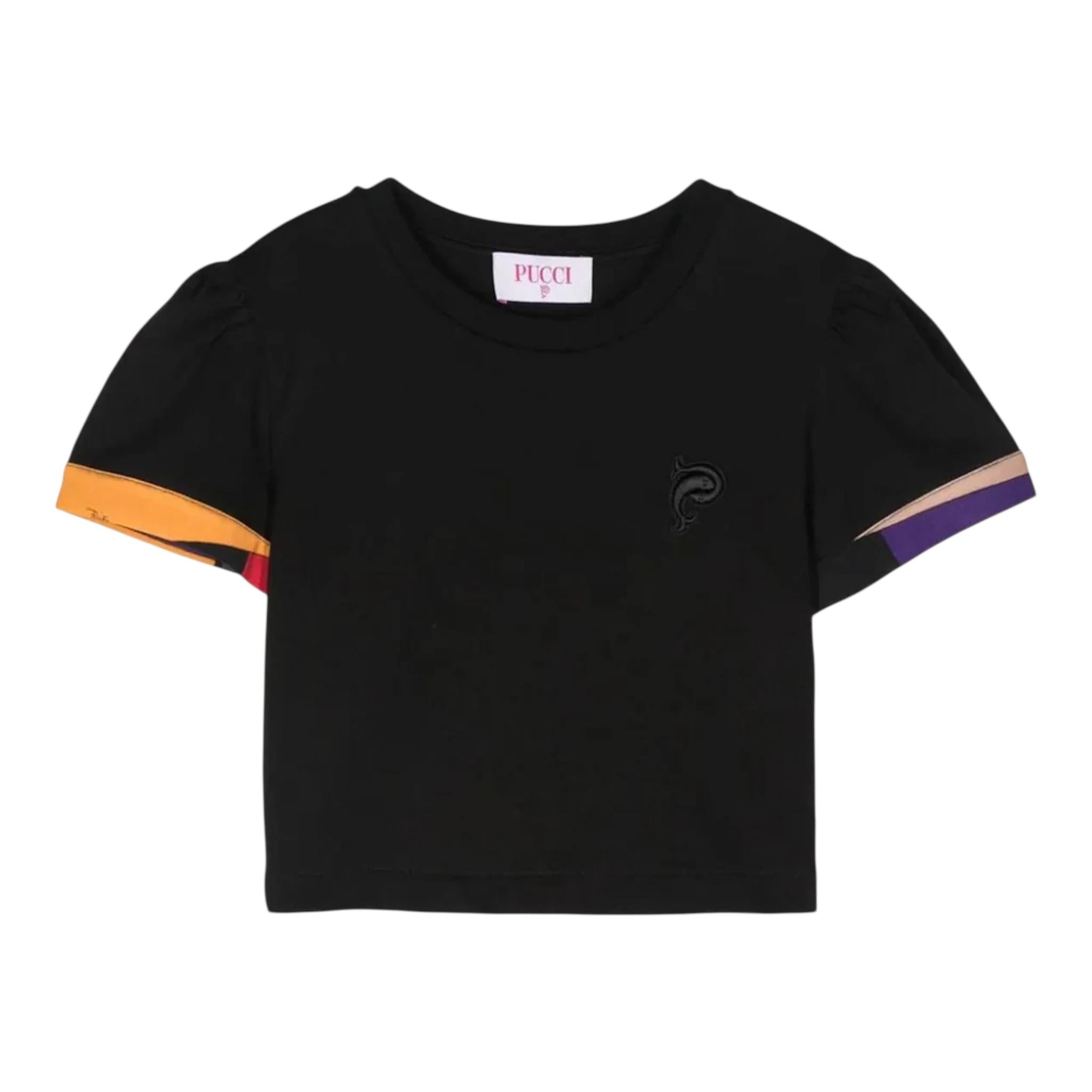 Emilio Pucci T-Shirt Girocollo Tinta Unita con Profili Maniche In Contrasto per Bambina PV8A21 NERO EMILIO PUCCI 