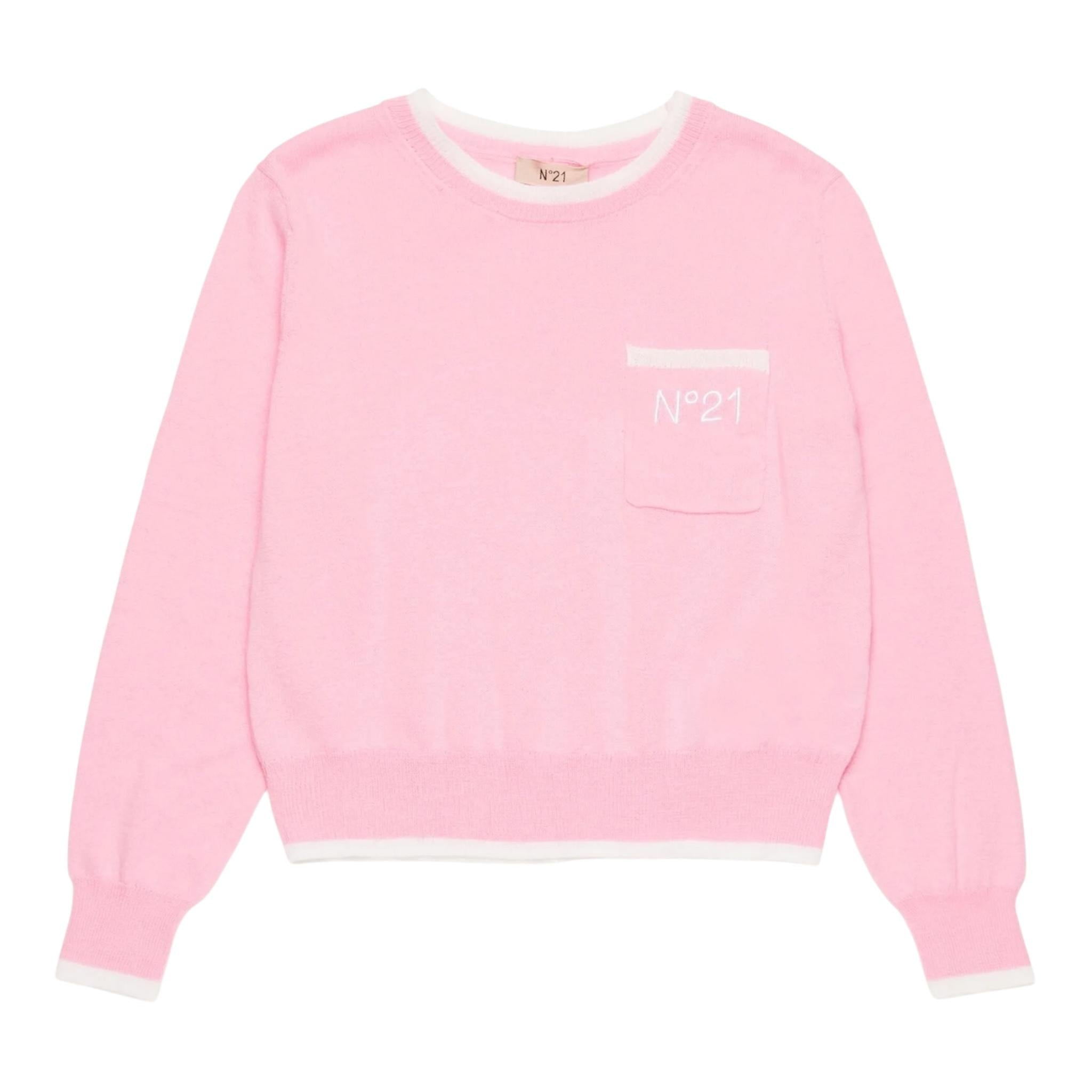 N°21 Maglia Girocollo Tinta Unita con Stampa per Bambina N2101W ROSA N°21 