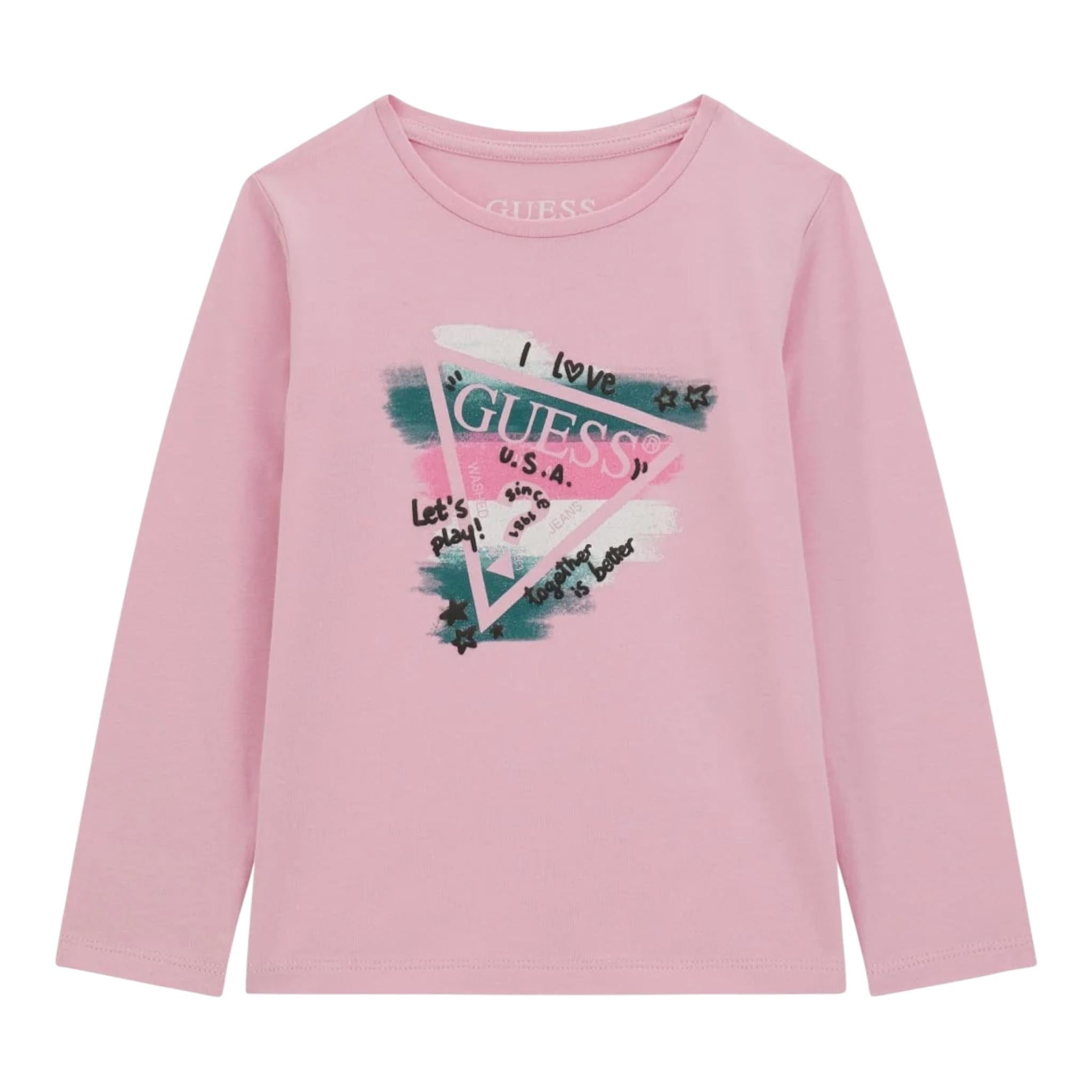 GUESS shirt girocollo tinta unita con stampa Rosa per Neonata K4RI00K6YW4 ROSA GUESS 