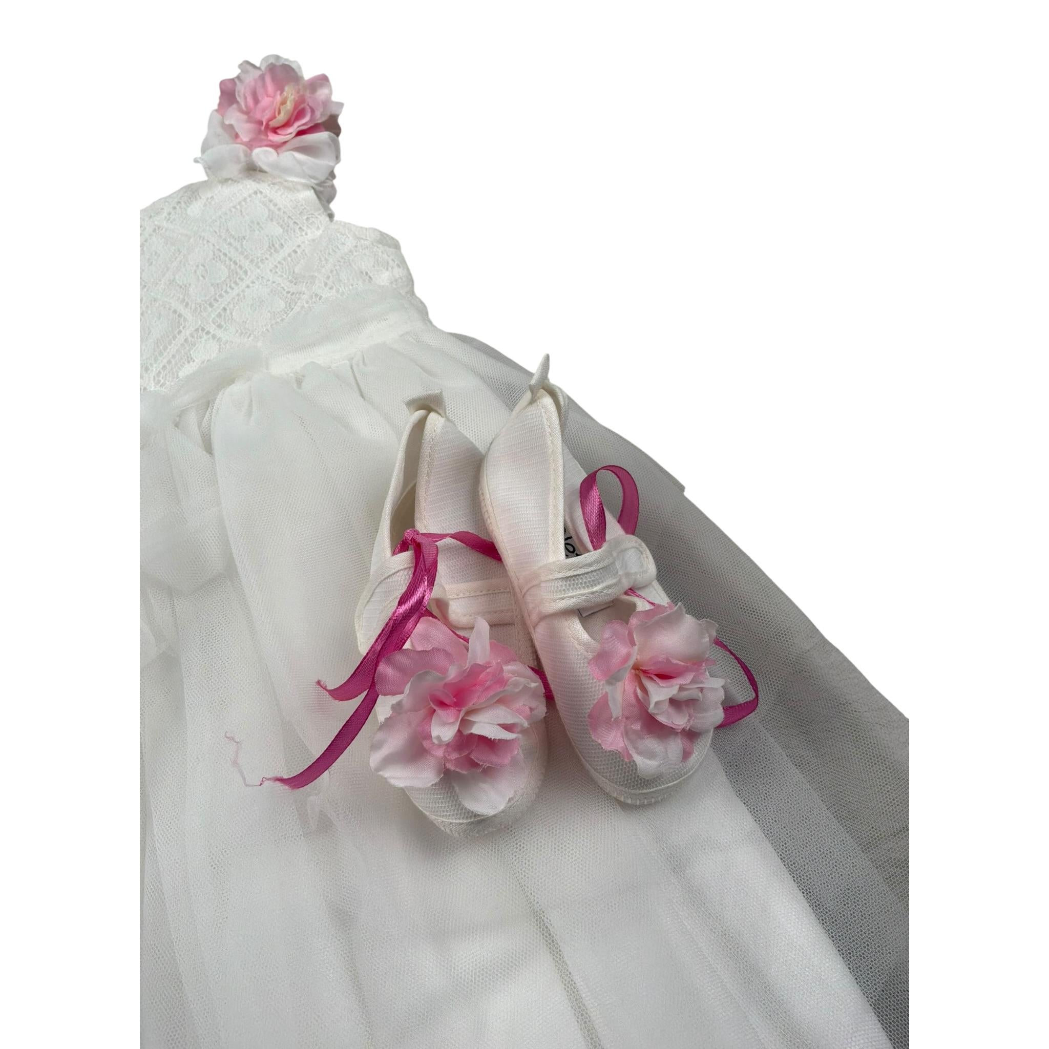 Aletta Abito Giromanica Tinta Unita con Tulle E Babbucce per Neonata HP22225 BIANCO ALETTA 