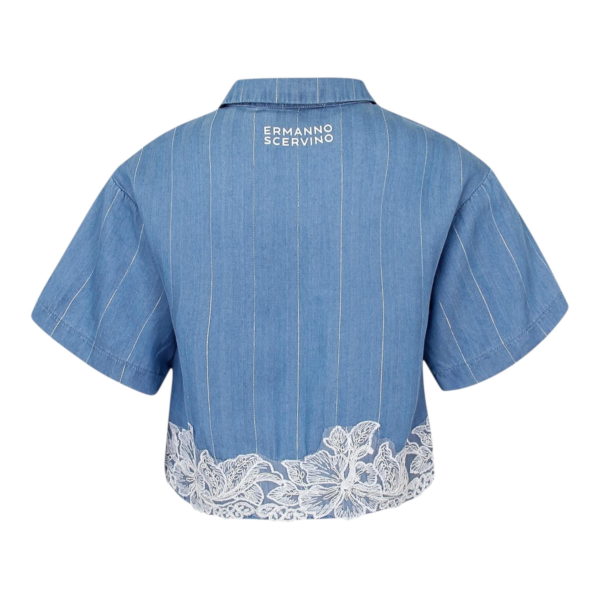 Ermanno Scervino Camicia Mezza Manica Tinta Unita con Ricami per Bambina SFCA039 AZZURRO ERMANNO SCERVINO 