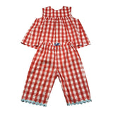 Ilfarobimbi Completo Canotta-Pantalone Tinta Unita Con Fantasia A Quadri Rosso Per Bambina