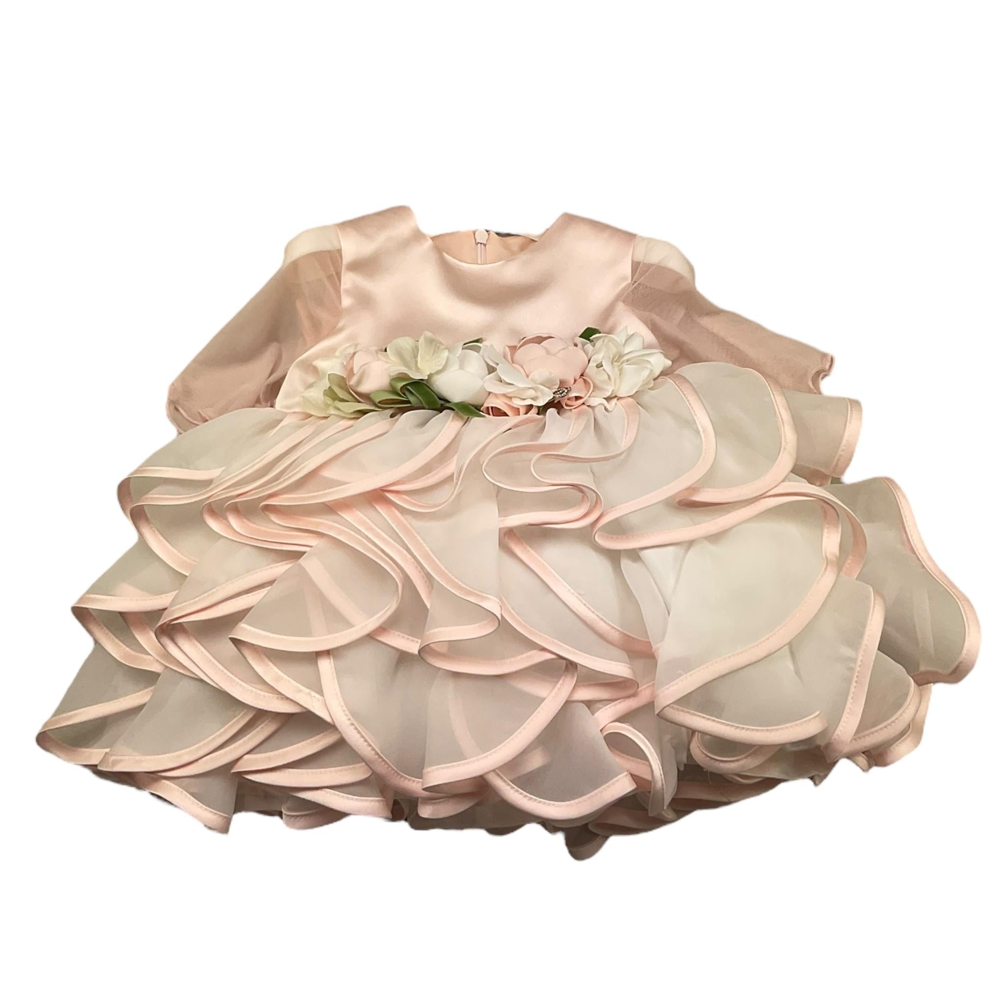 Petit Abito Manica Lunga Velata Tinta Unita con Applicazioni Fiori per Neonata S2016043 ROSA PETIT 