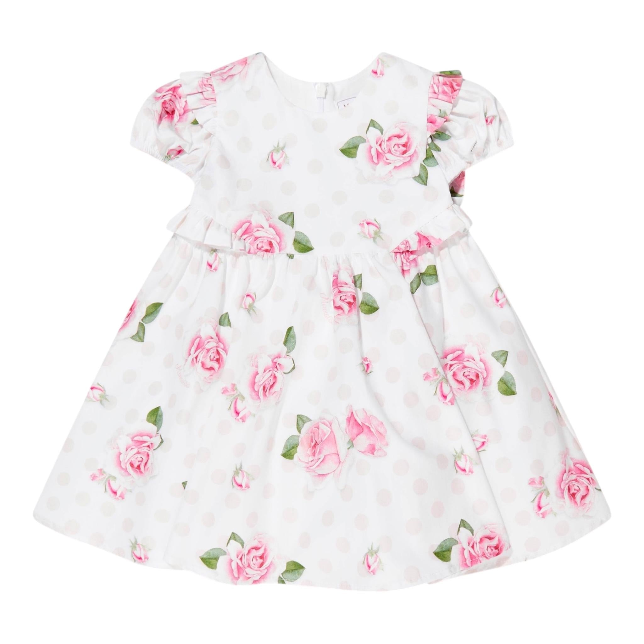 Monnalisa Abito Mezza Manica Tinta Unita con Stampe Rose per Neonata 31A909 BIANCO MONNALISA 