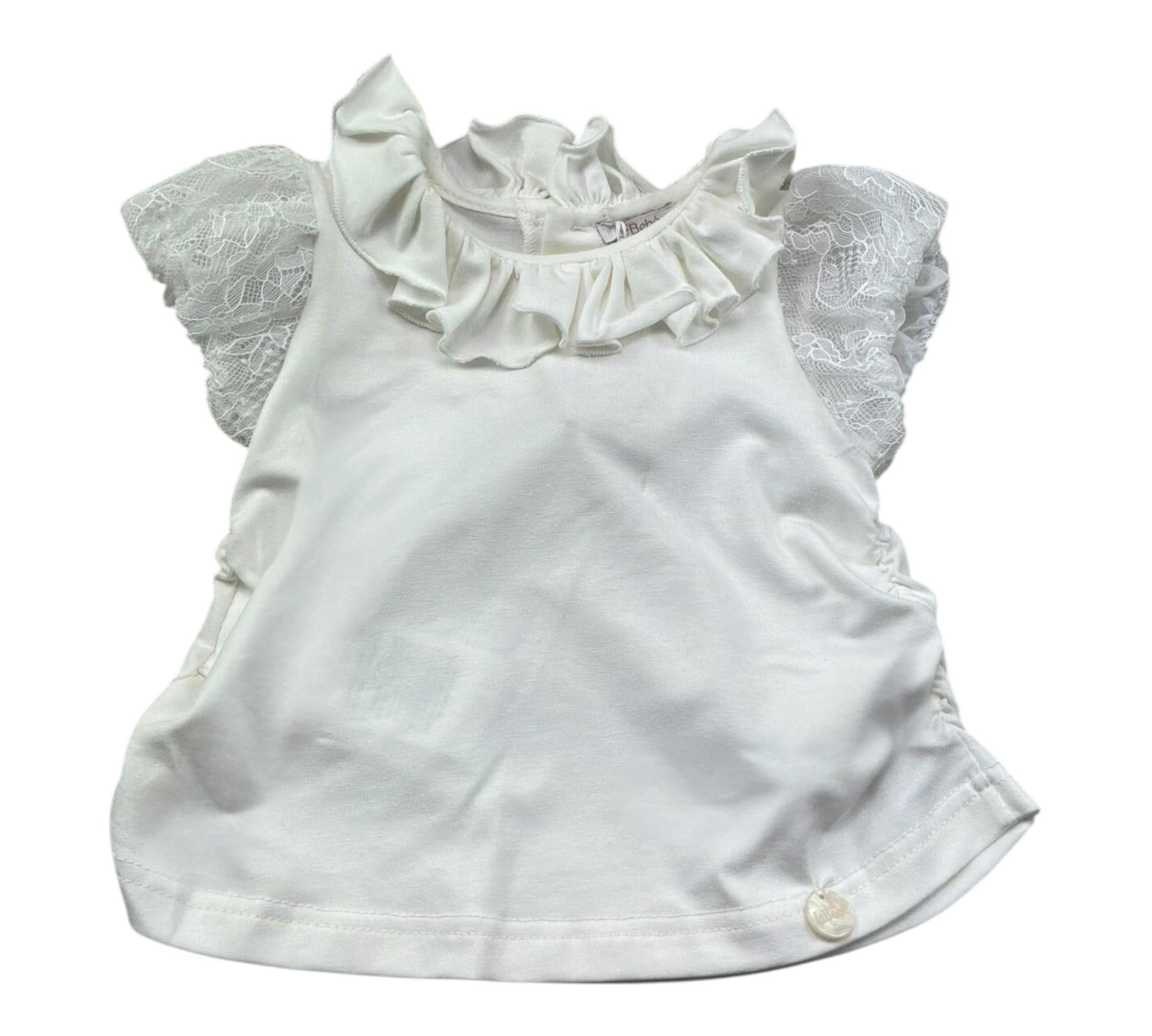Le Bebe T-Shirt con Colletto Tinta Unita con Maniche Ricamate per Neonata LBG6323 BIANCO LE BEBE 