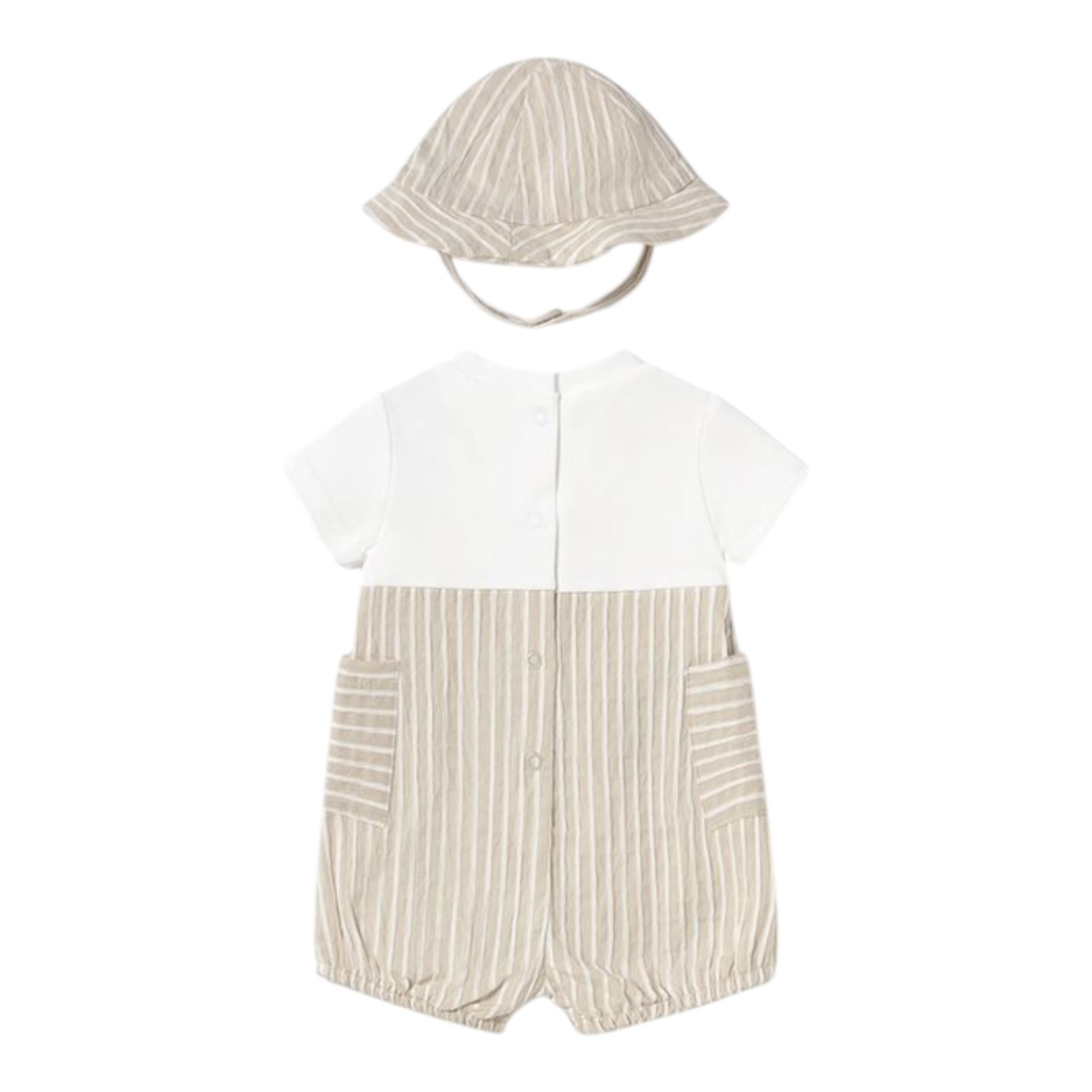Mayoral Set Pagliaccetto Bicolore con Fantasia A Righe-Cappello per Neonato 1602 BIANCO/BEIGE MAYORAL 