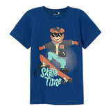 Name.It T-Shirt Girocollo Tinta Unita Con Stampa Blu Per Bambino