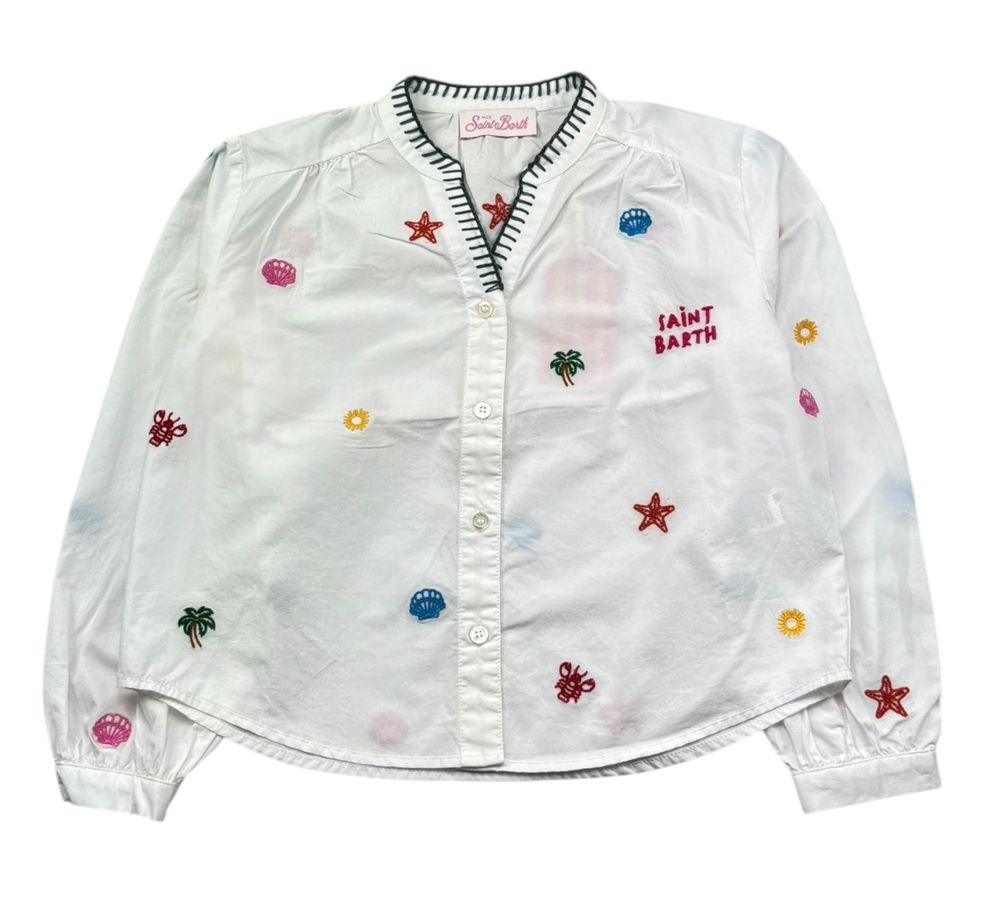 Saint Barth Camicia Manica Lunga Tinta Unita con Ricami per Bambina LIO0002 BIANCO SAINT BARTH 