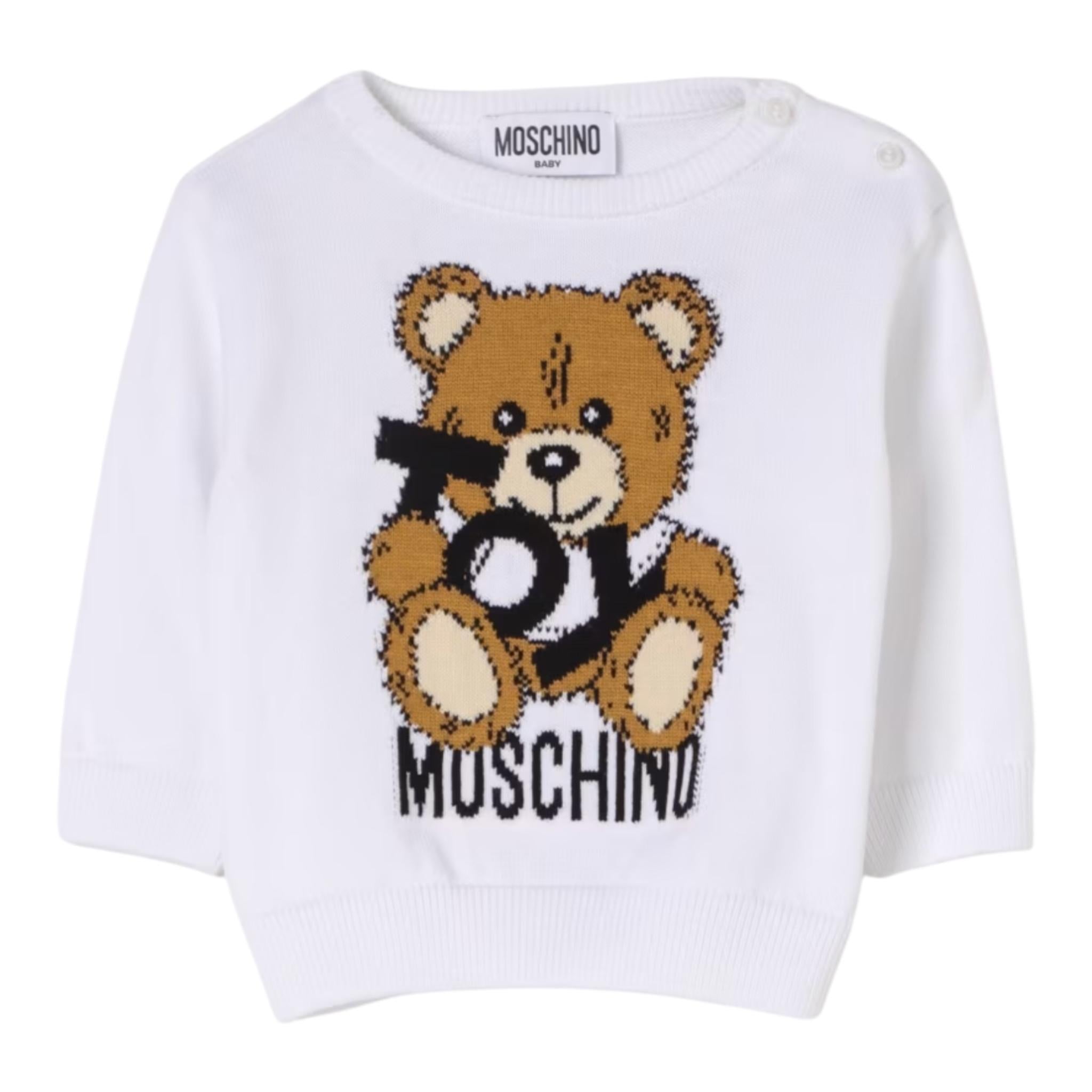 Moschino Maglia Girocollo Tinta Unita con Orso per Neonato M5W00J BIANCO MOSCHINO 