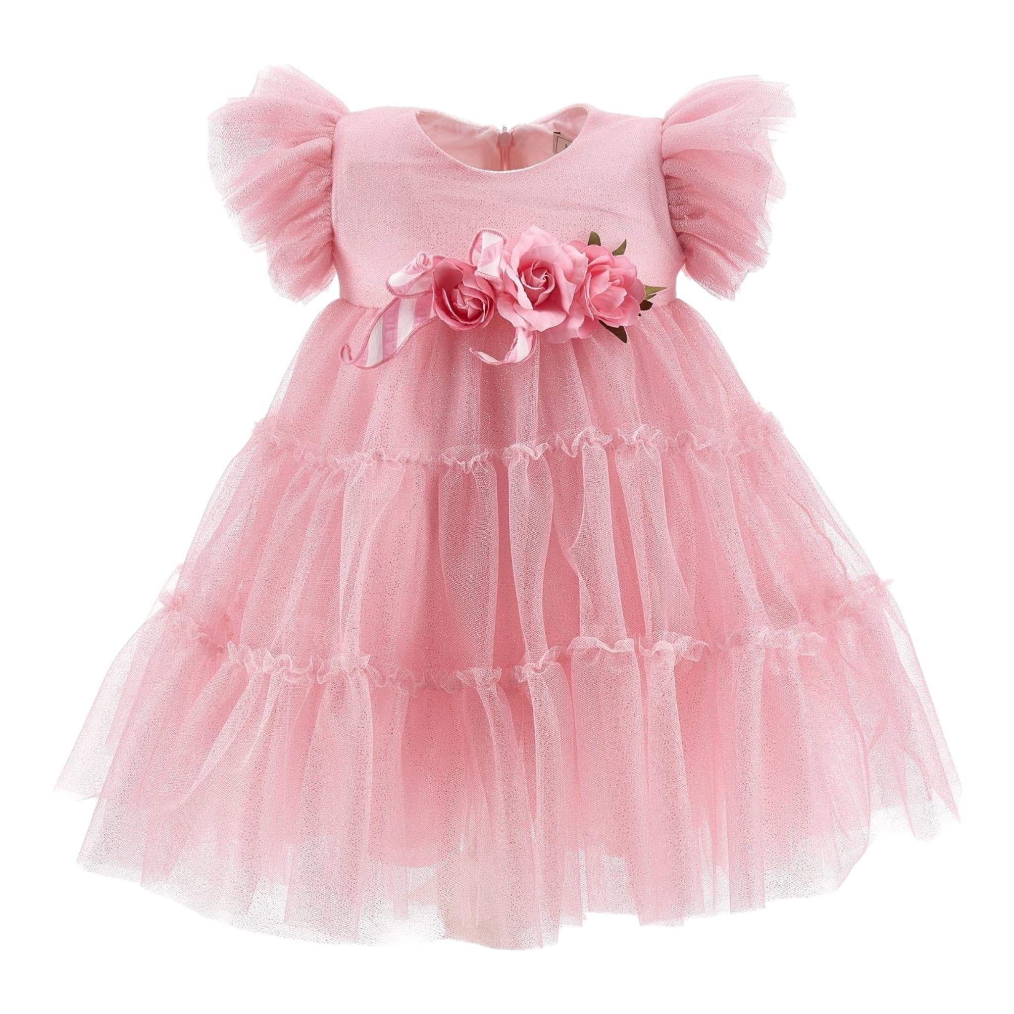 Monnalisa Abito Mezza Manica Tinta Unita In Tulle per Neonata 31E903 ROSA MONNALISA 