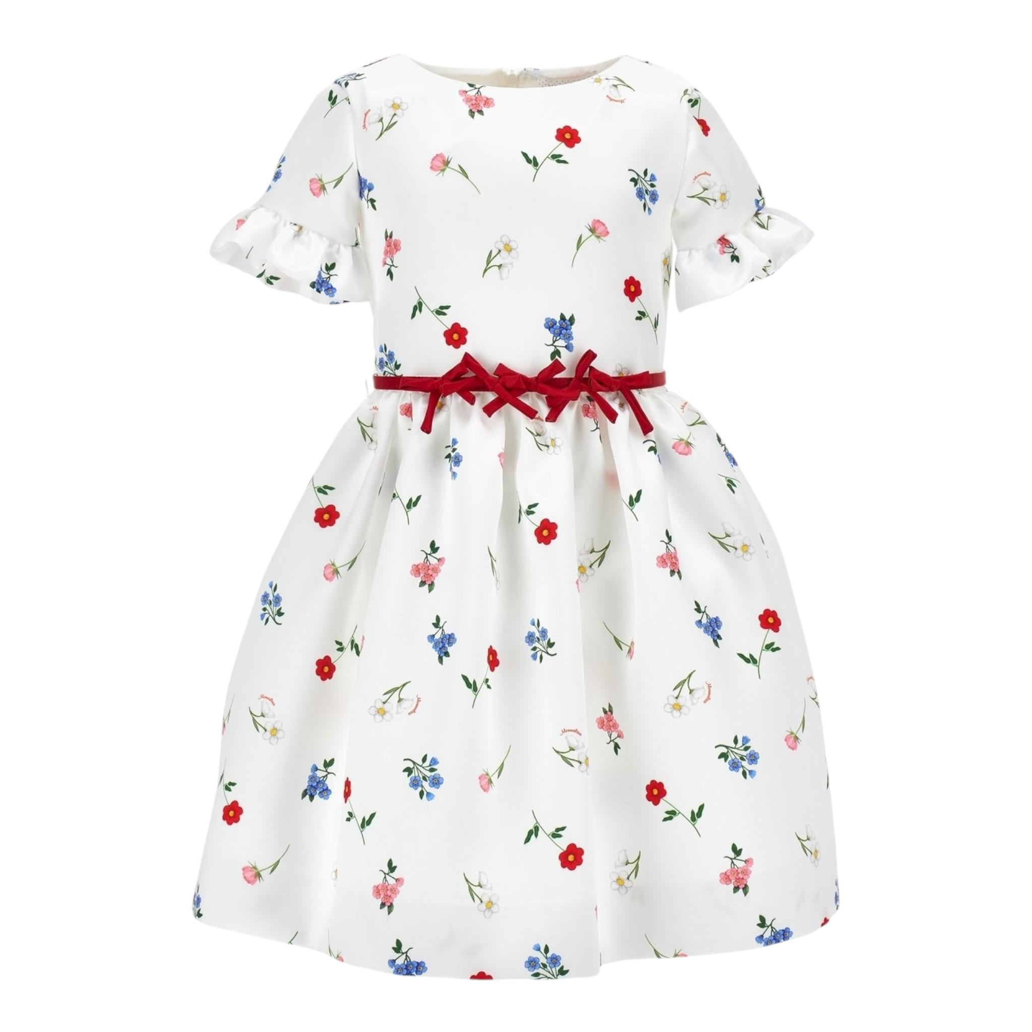 Monnalisa Abito Tinta Unita con Cintura E Fantasia Fiori per Bambina 71E909 BIANCO MONNALISA 