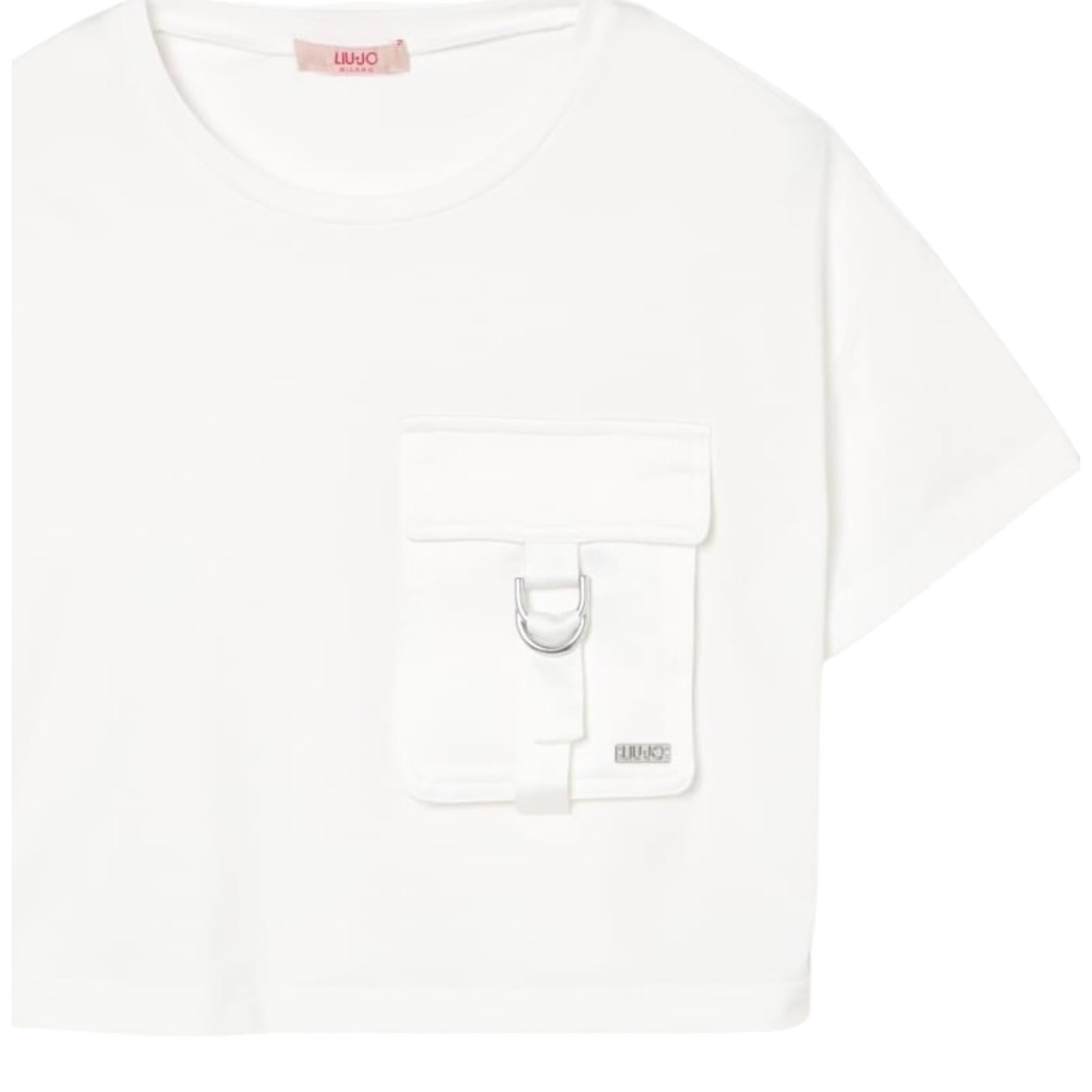 Liu Jo T-Shirt Girocollo Tinta Unita con Taschino Modello Crop per Bambina GA5016XX BIANCO LIU JO 
