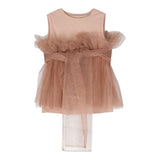 Dou Dou Top Tinta Unita Giromanica Con Tulle Cammello Per Bambina