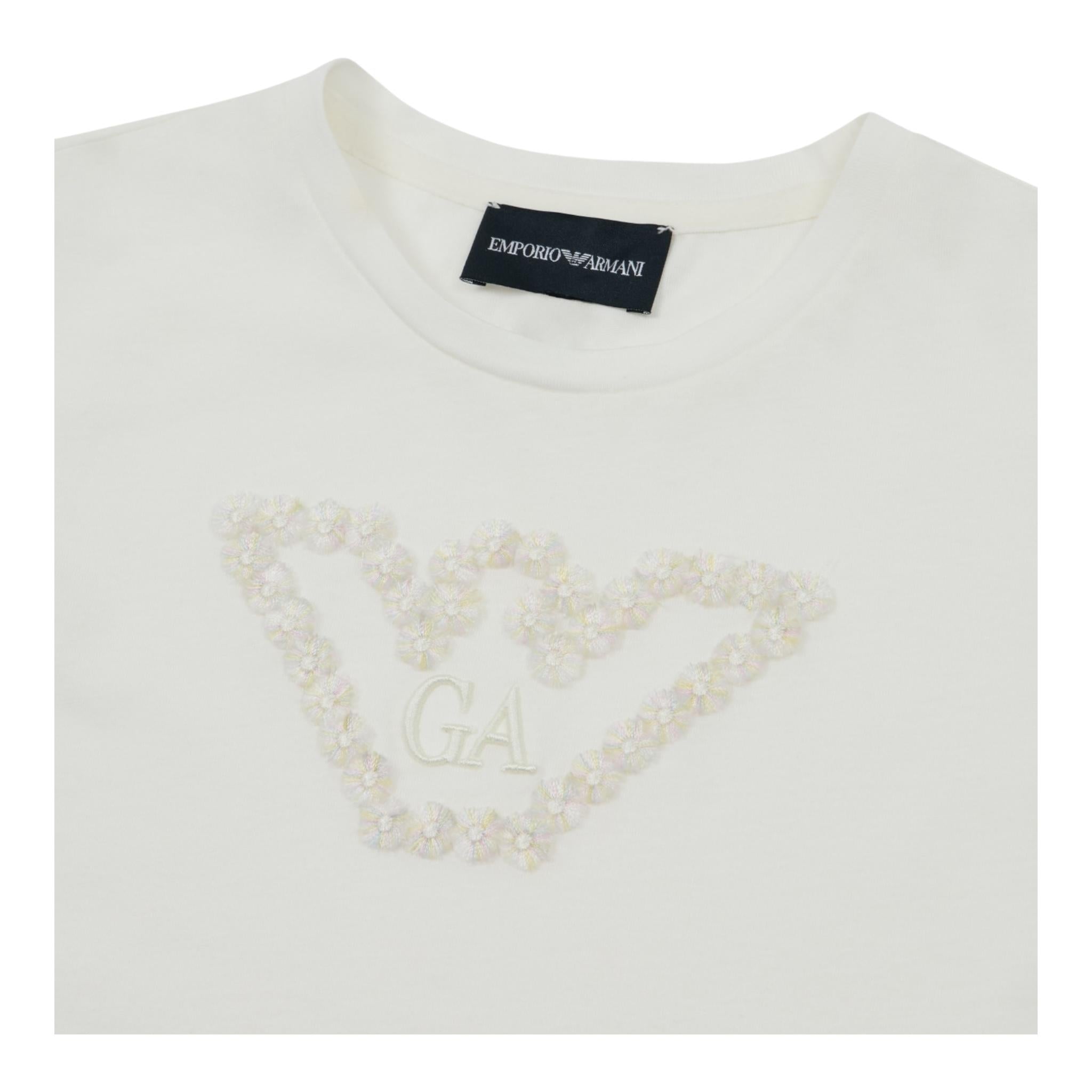 Emporio Armani T-Shirt Girocollo Tinta Unita con Ricami Fiori per Bambina EG000224 BIANCO EMPORIO ARMANI 