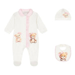 Monnalisa Set Tutina-Cappello-Bavetta Tinta Unita con Stampa per Neonata 35D506 BIANCO MONNALISA 