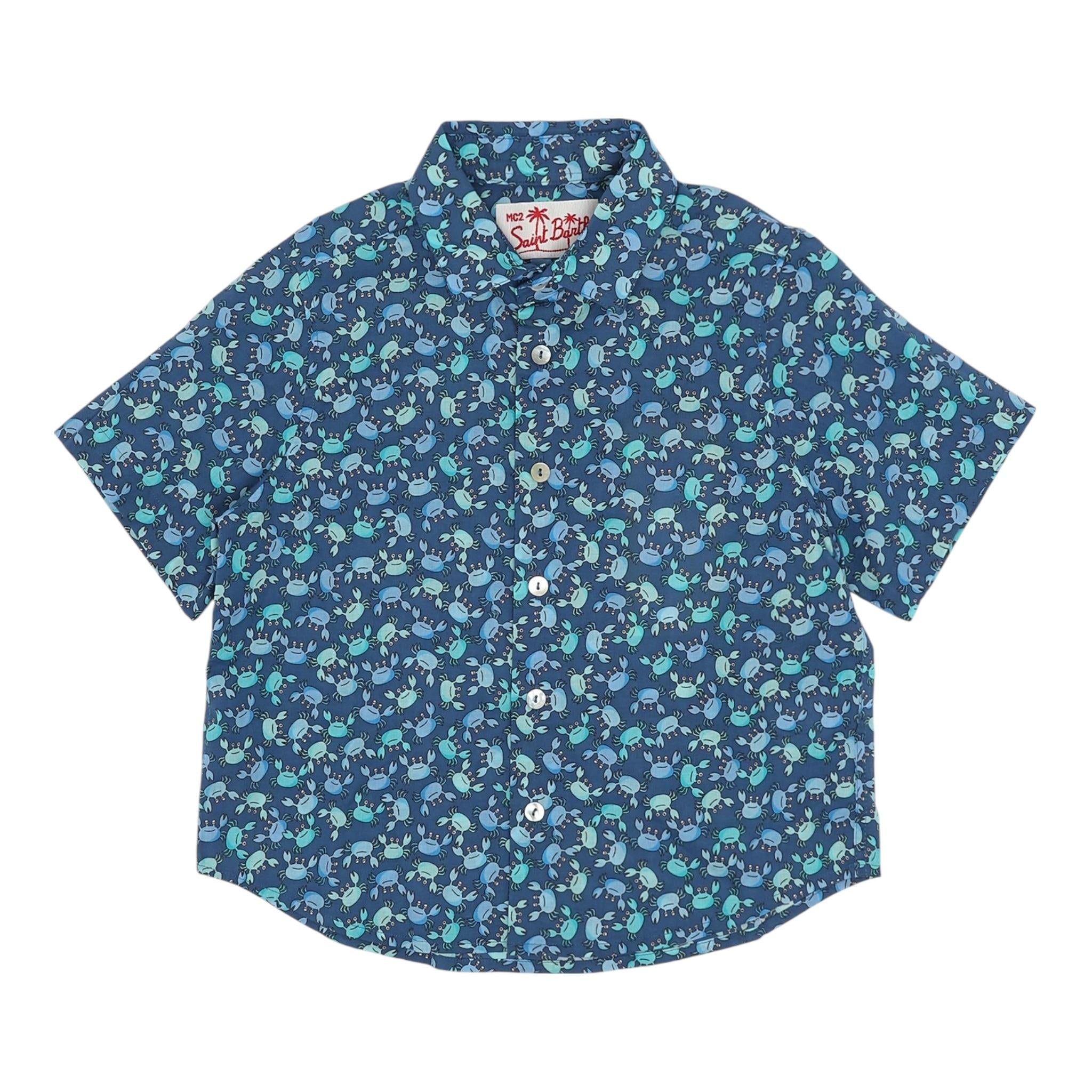 Saint Barth Camicia Mezza Manica Tinta Unita con Stampe Granchi per Bambino SROU000 BLU SAINT BARTH 
