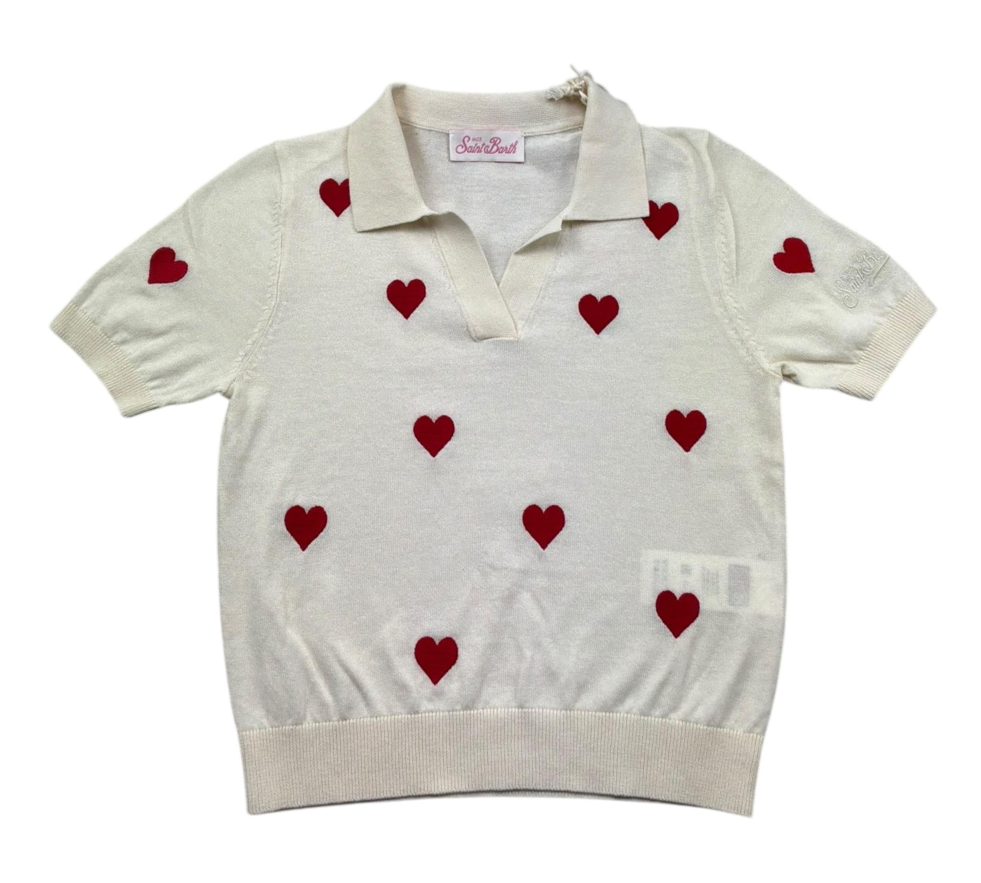 Saint Barth Polo Mezza Manica Tinta Unita con Ricami Cuori per Bambina EVONNE PANNA SAINT BARTH 
