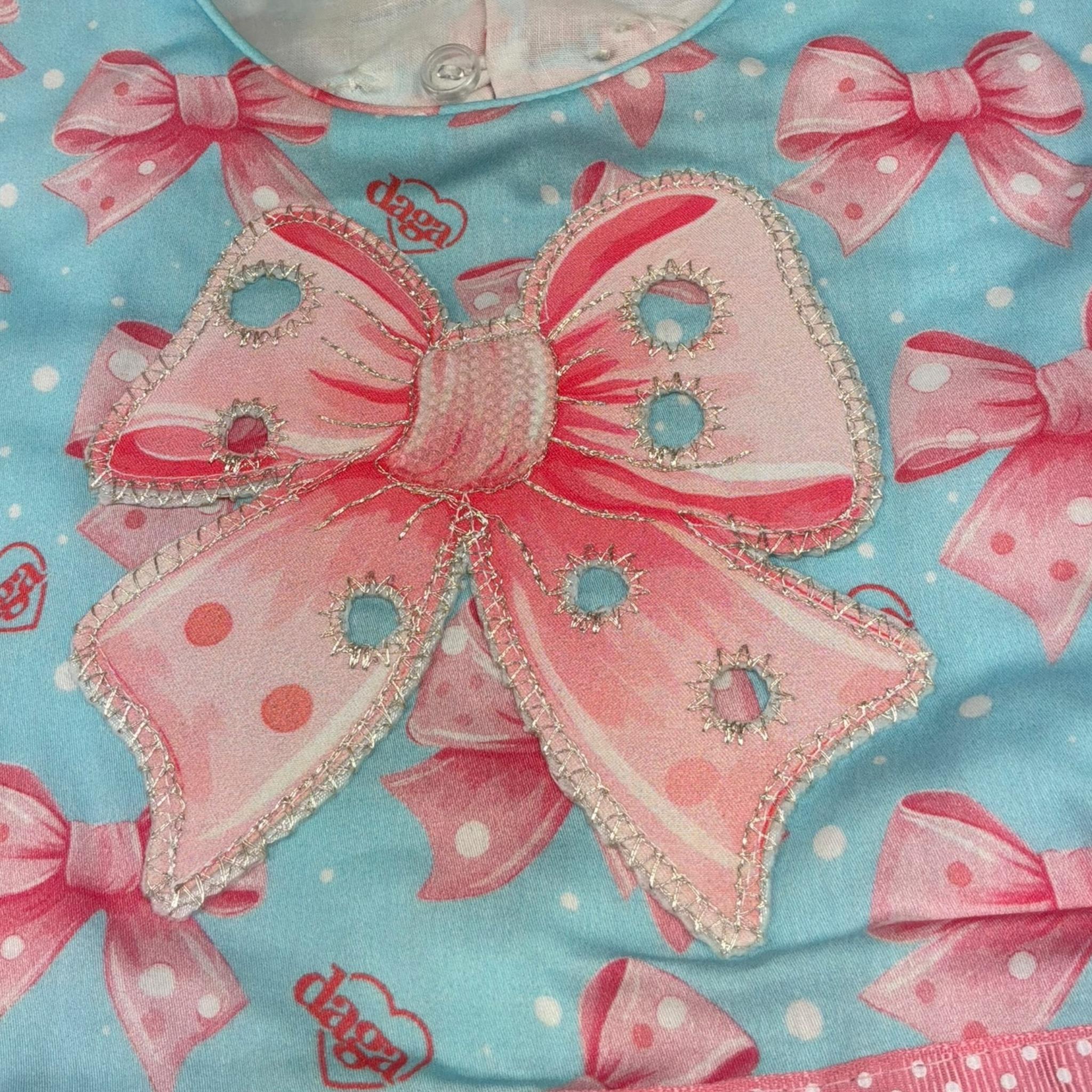 Daga Collection Abito Giromanica Tinta Unita con Stampa Fiocchi per Bambina M10061J AZZURRO DAGA COLLECTION 