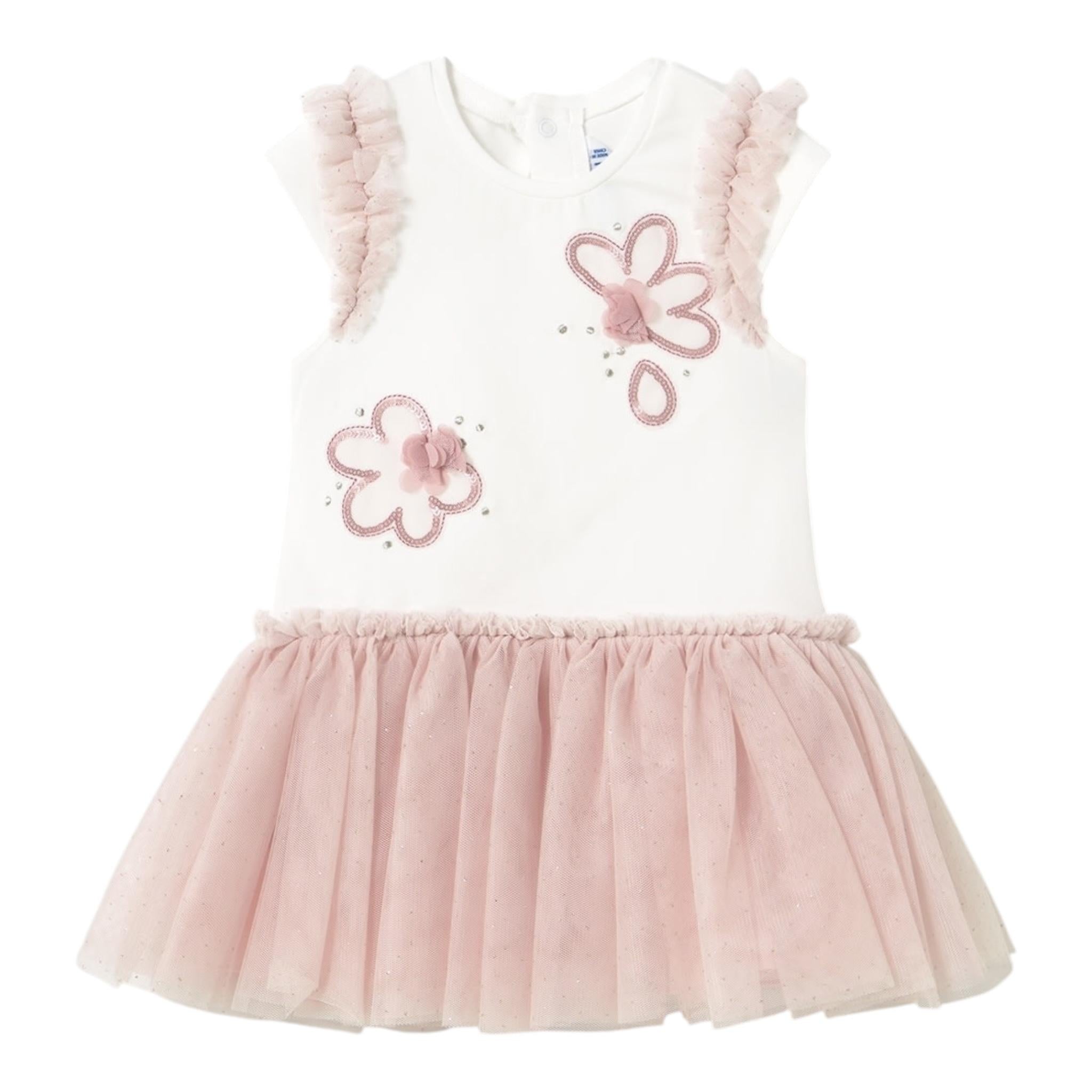 Mayoral Abito Giromanica Tinta Unita Bicolore con Gonna In Tulle per Neonata 1904 BIANCO/ROSA MAYORAL 
