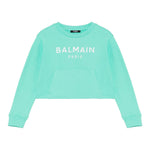 Balmain Felpa Tinta Unita Girocollo con Logo per Bambina BW4A70 VERDE ACQUA BALMAIN 
