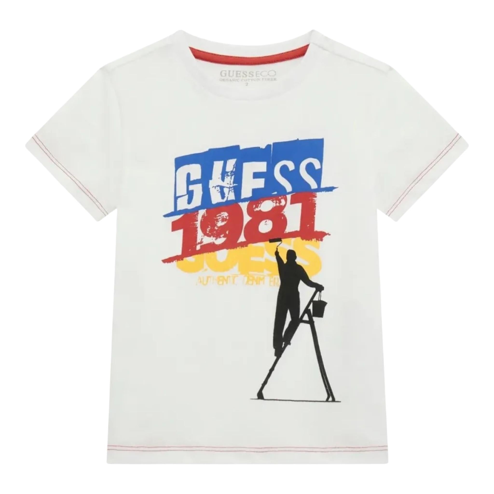 Guess T-Shirt Girocollo Tinta Unita con Stampa per Bambino N5RI02K8HM4 BIANCO GUESS 