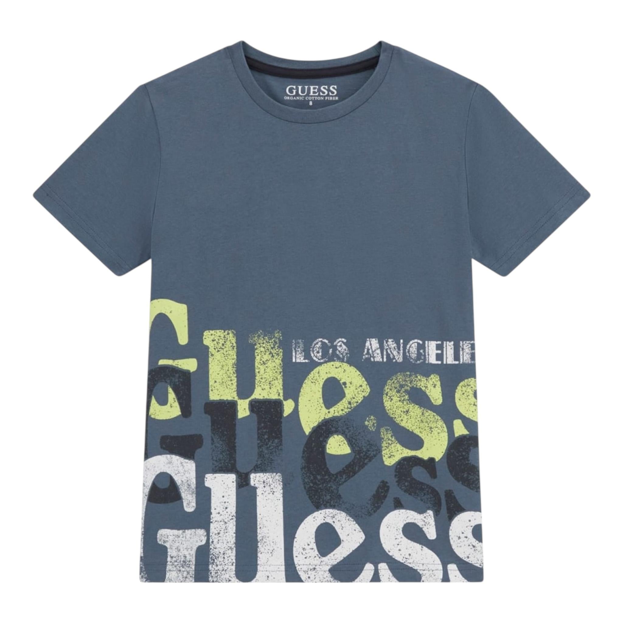 Guess T-Shirt Girocollo Tinta Unita con Stampa per Bambino L5RI12K8HM4X BLU GUESS 