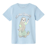 Name.It T-Shirt Girocollo Tinta Unita Con Stampa Azzurro Per Bambino
