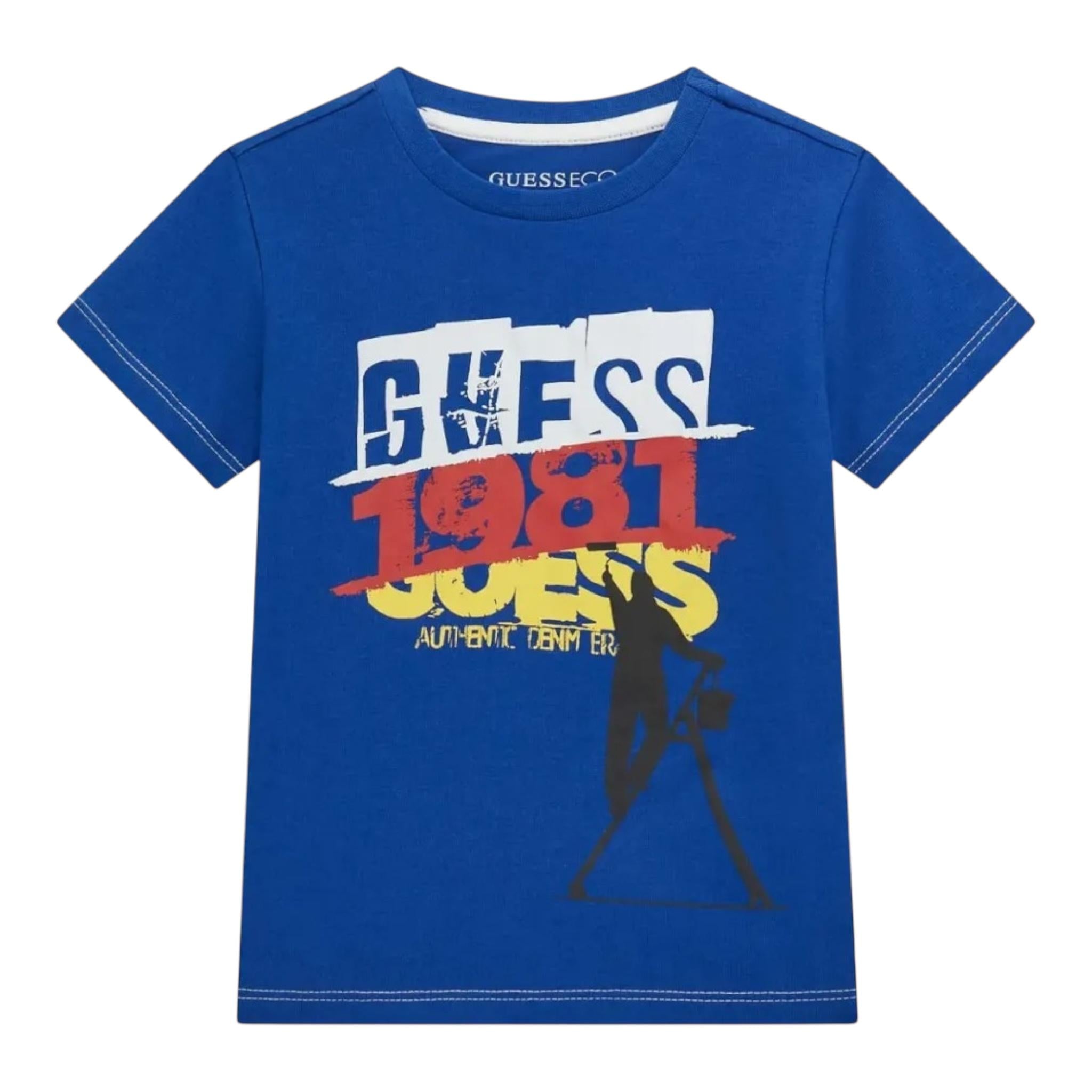 Guess T-Shirt Girocollo Tinta Unita con Stampa per Neonato N5RI02K8HM4N BLU GUESS 