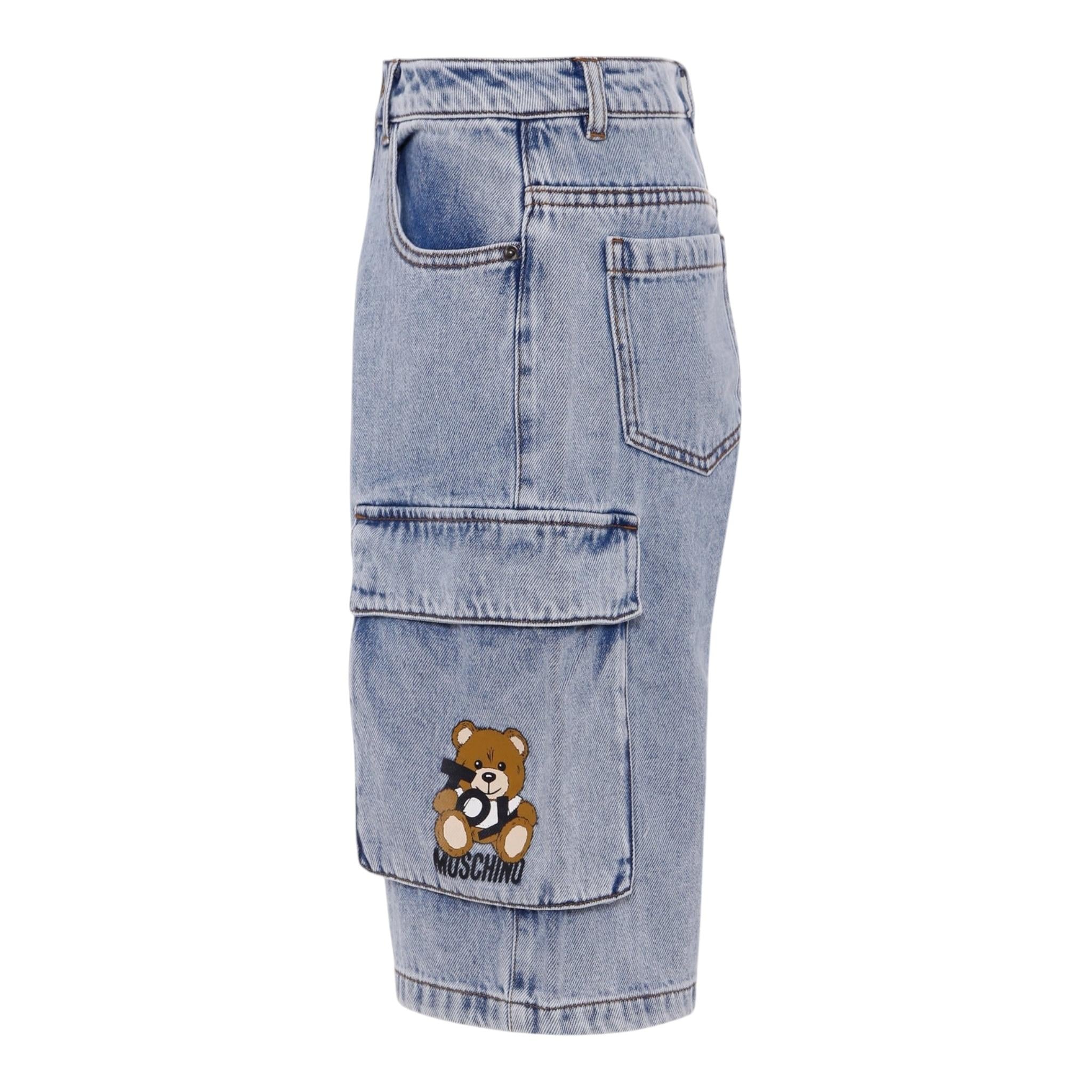 Moschino Bermuda Tinta Unita In Denim con Tasconi per Bambino HUQ023 AZZURRO MOSCHINO 