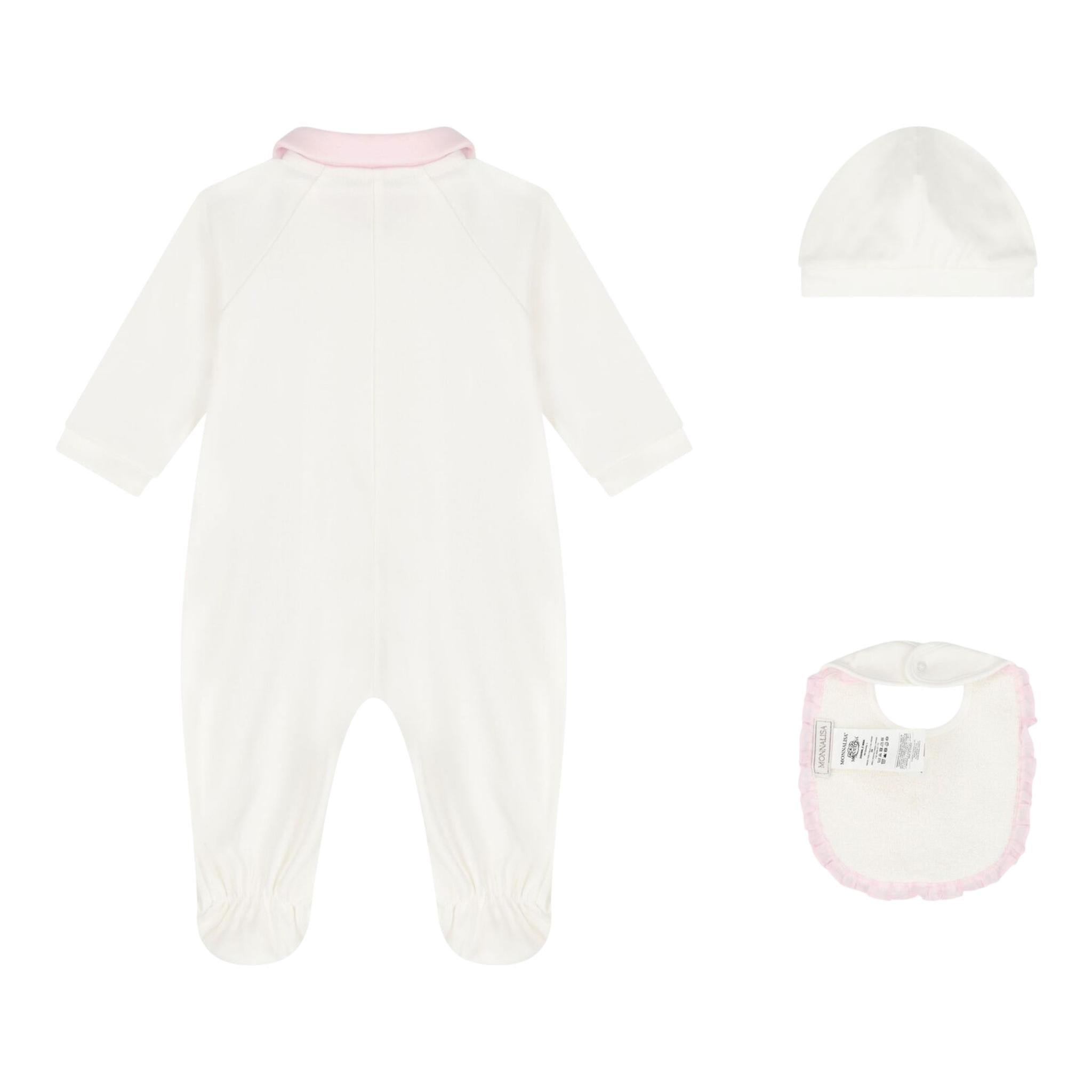 Monnalisa Set Tutina-Cappello-Bavetta Tinta Unita con Stampa per Neonata 35D506 BIANCO MONNALISA 