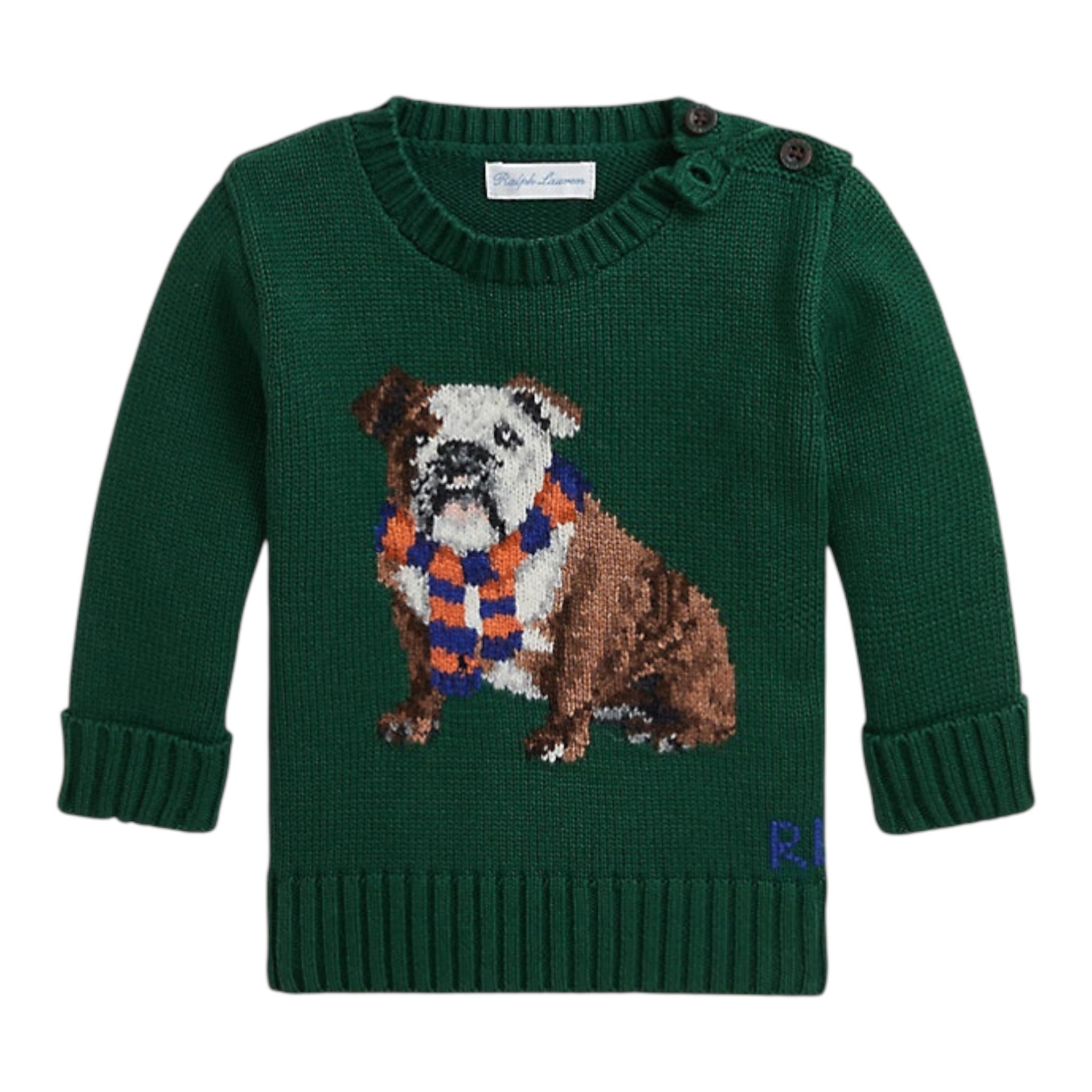 RALPH LAUREN maglia girocollo tinta unita con ricamo cane Verde per Neonato 320951156001 VERDE RALPH LAUREN 